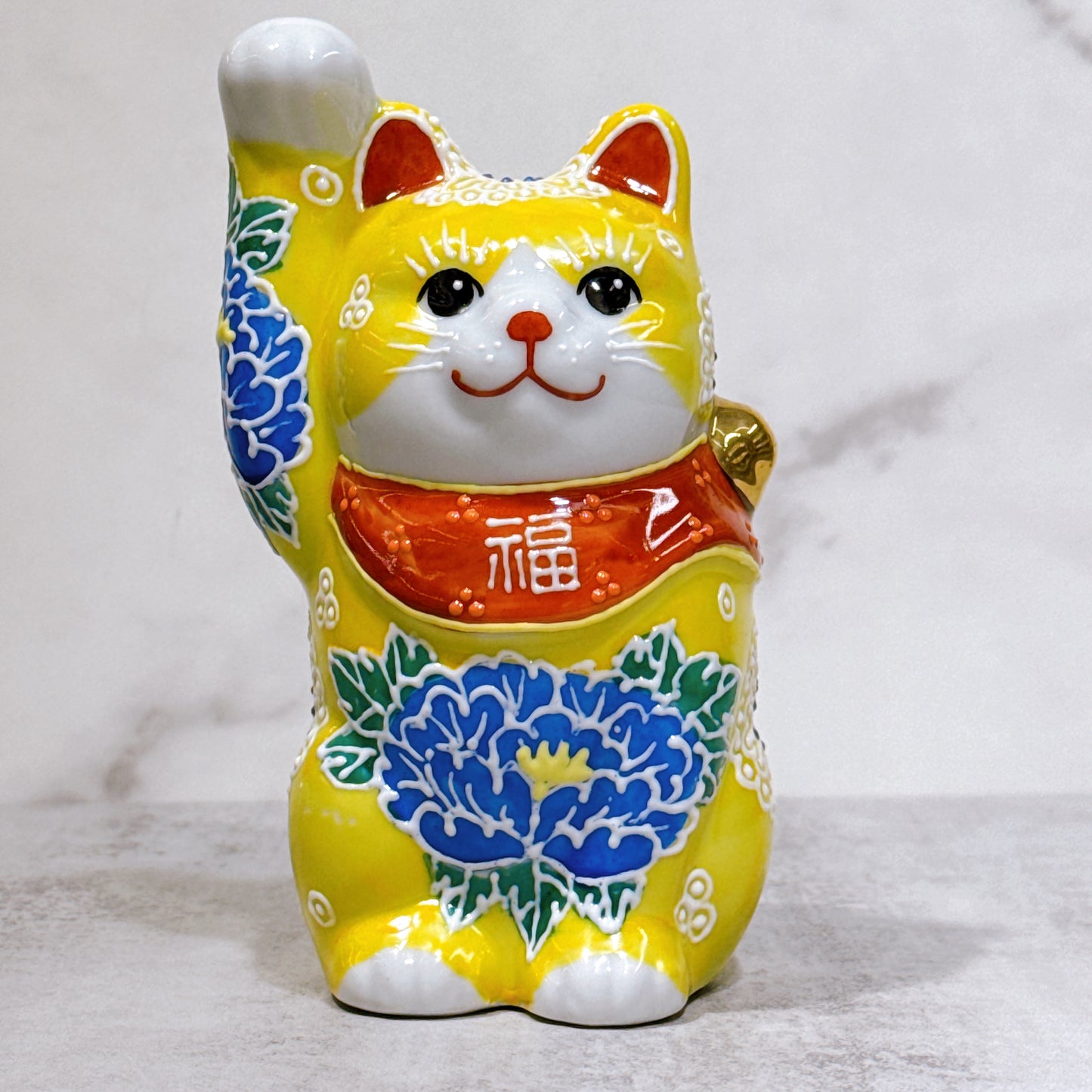 日本九谷燒招財貓 黃盛牡丹 4號