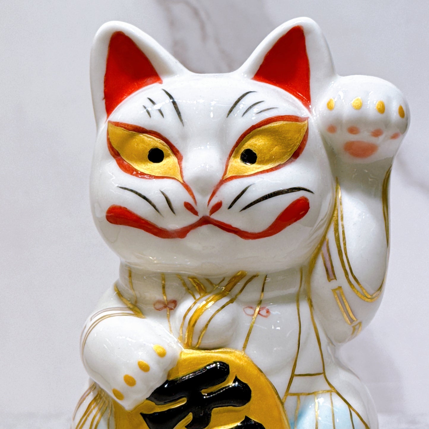 日本清水烧招财猫 色绘 白狐稻荷
