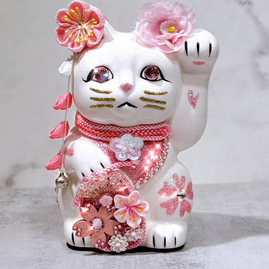 日本花見招財貓 櫻貓 5號 白 左手