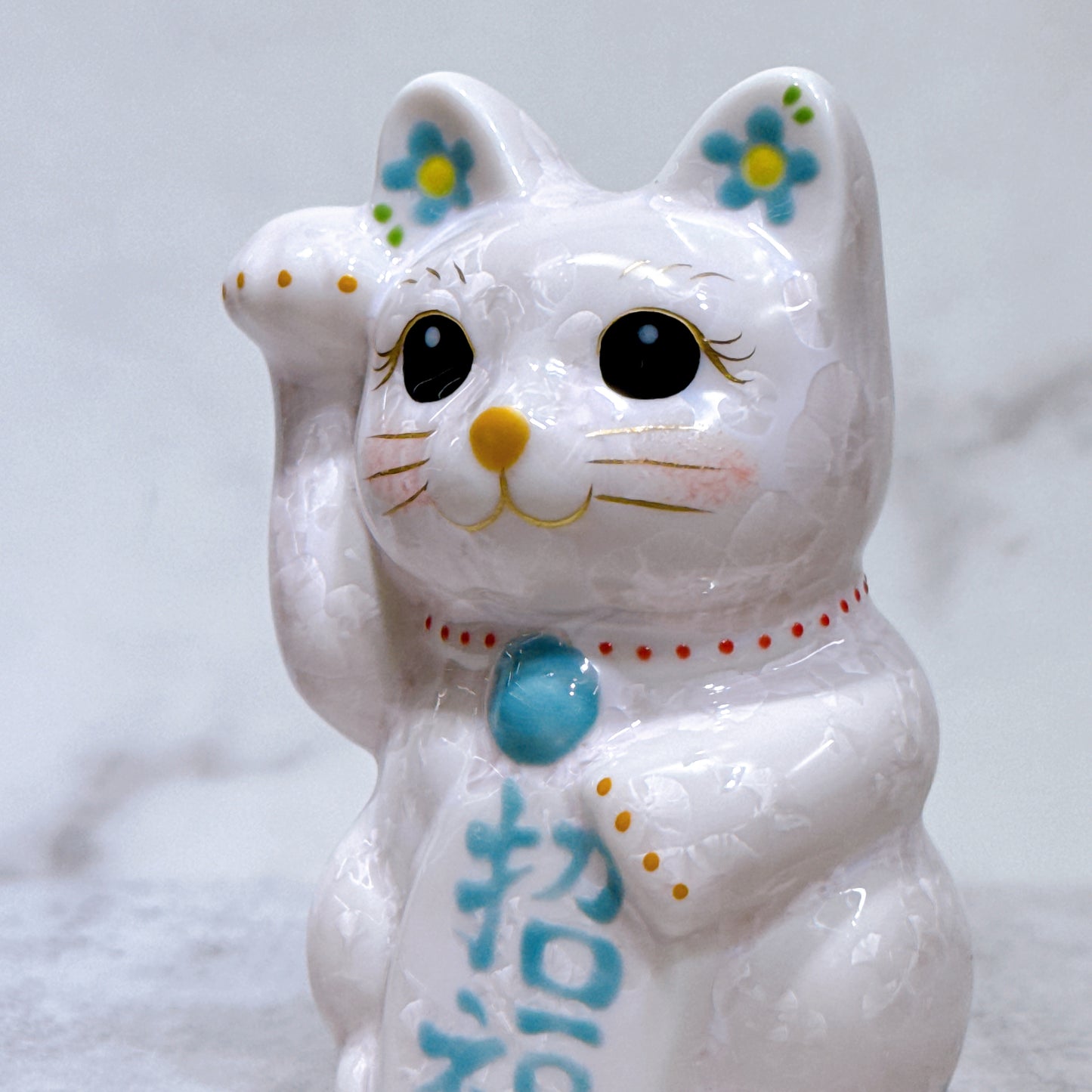 日本清水燒招財貓 花結晶 桃 右 特小