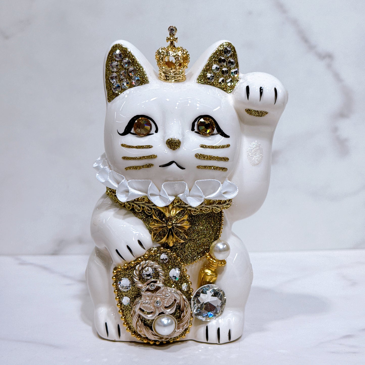 日本花見招財貓 皇冠璀璨 5號 白