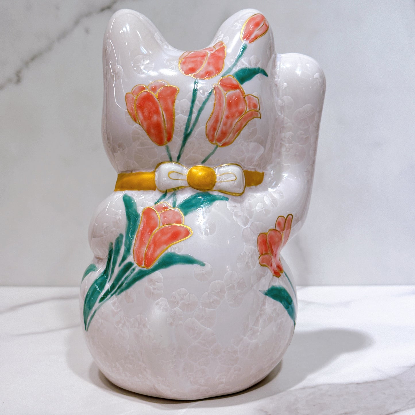 日本清水燒招財貓 花結晶 桃 億万両 体花 特大 右
