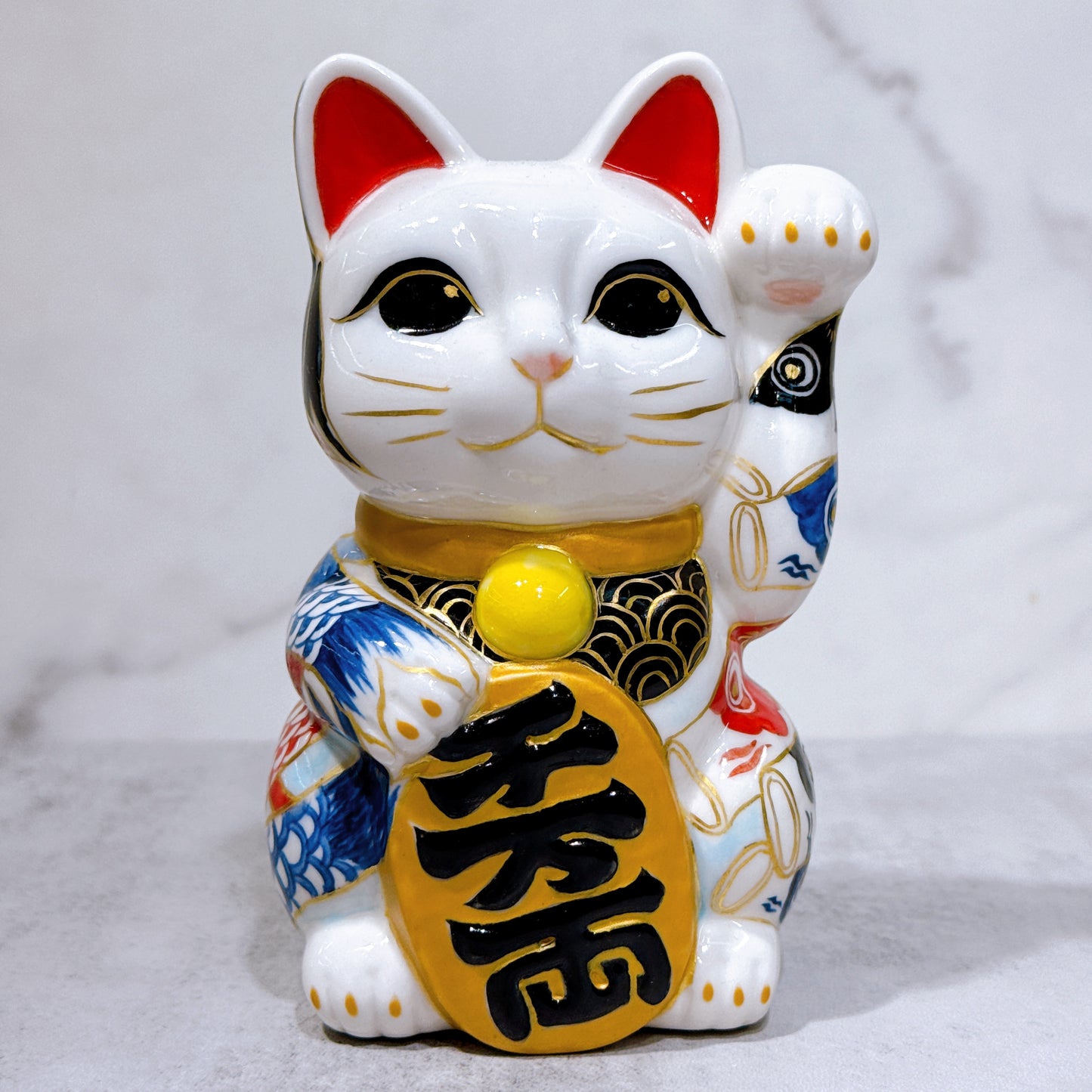 日本清水燒招財貓 色繪 描旗鯉