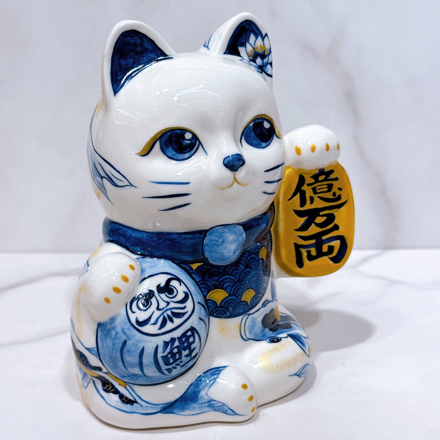 日本清水燒招財貓 達摩 染付 鯉