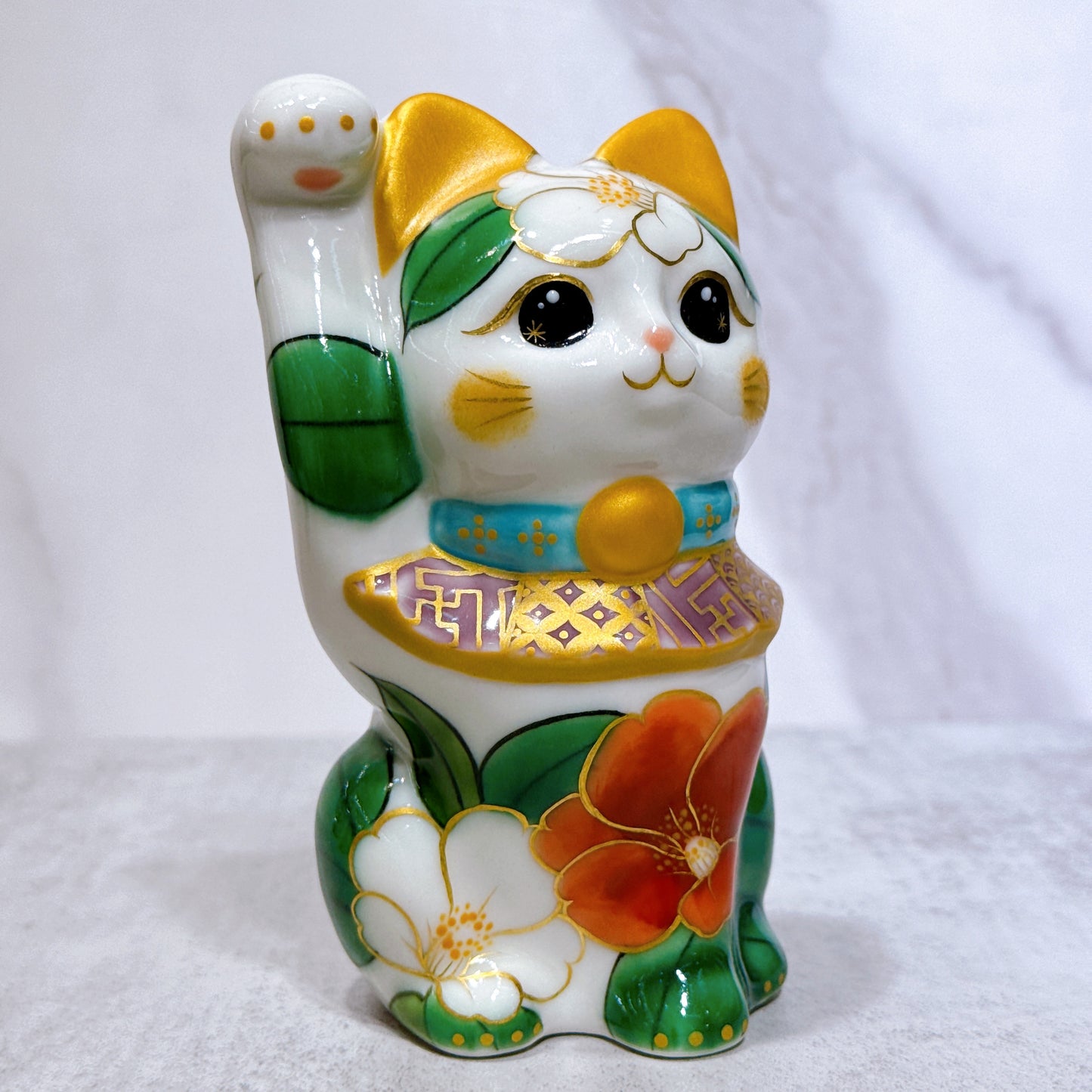 日本清水燒招財貓 色繪 白地 椿花