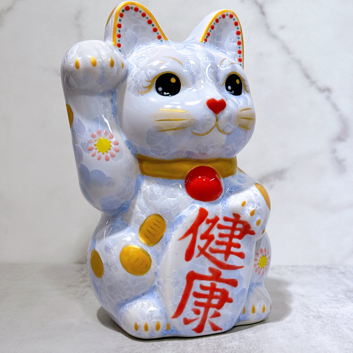 日本清水燒招財貓 花結晶 藤 健康 体花 特大 右