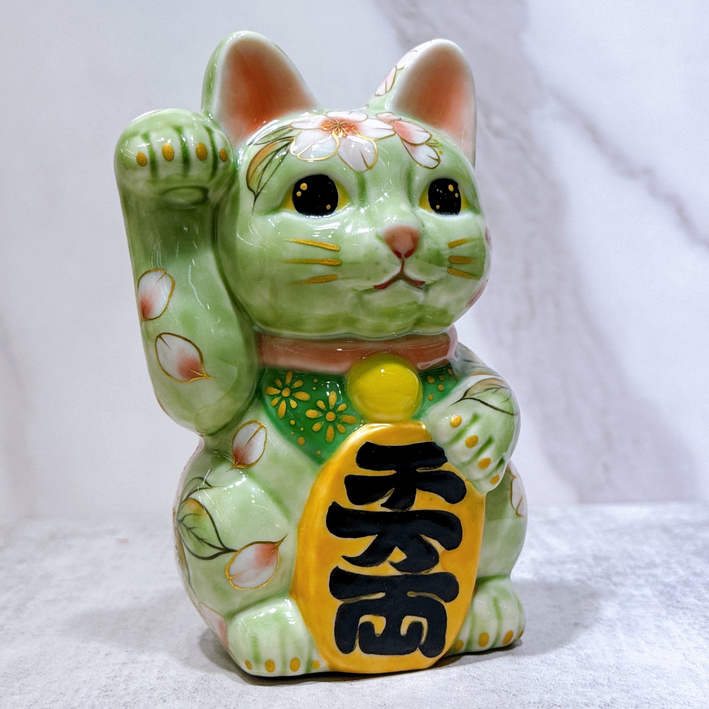 日本清水燒招財貓 色繪 織部櫻