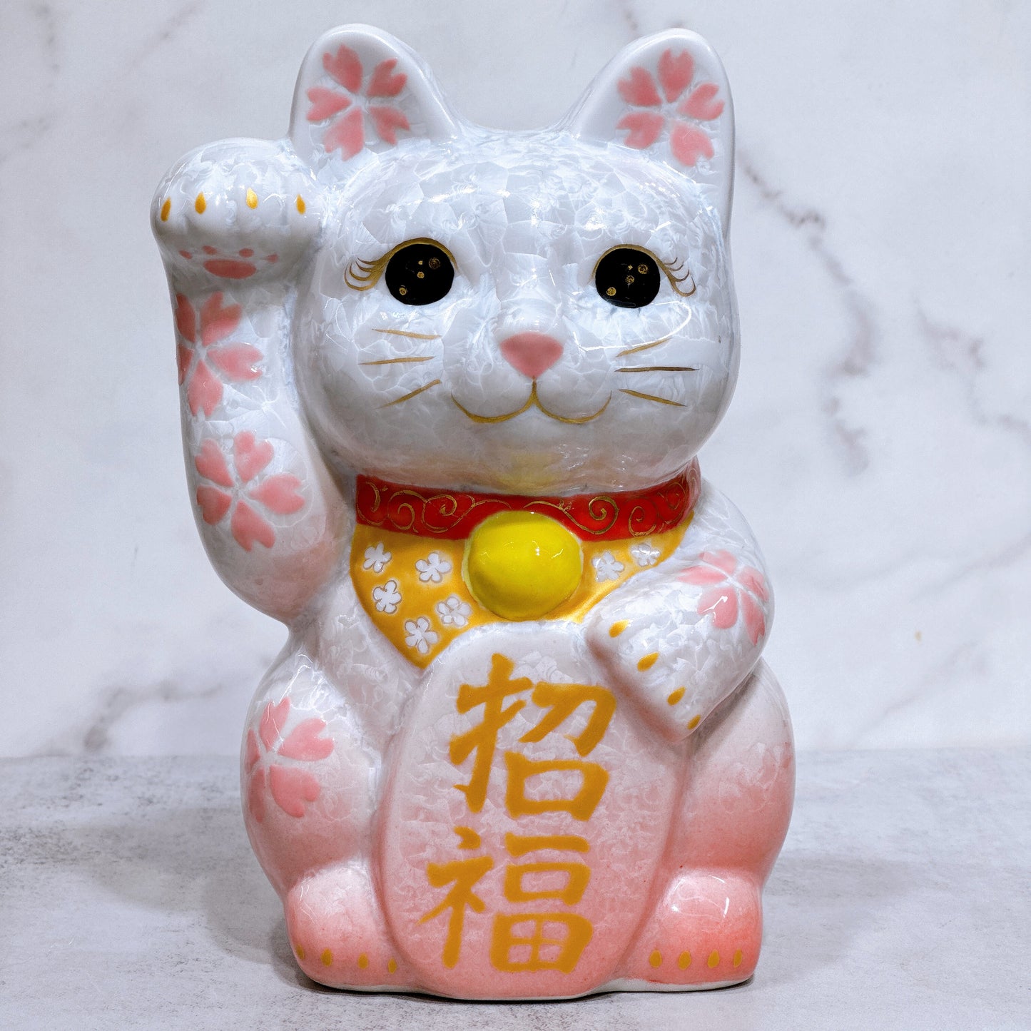 日本清水燒招財貓 花結晶 桃白 体花 特大 右