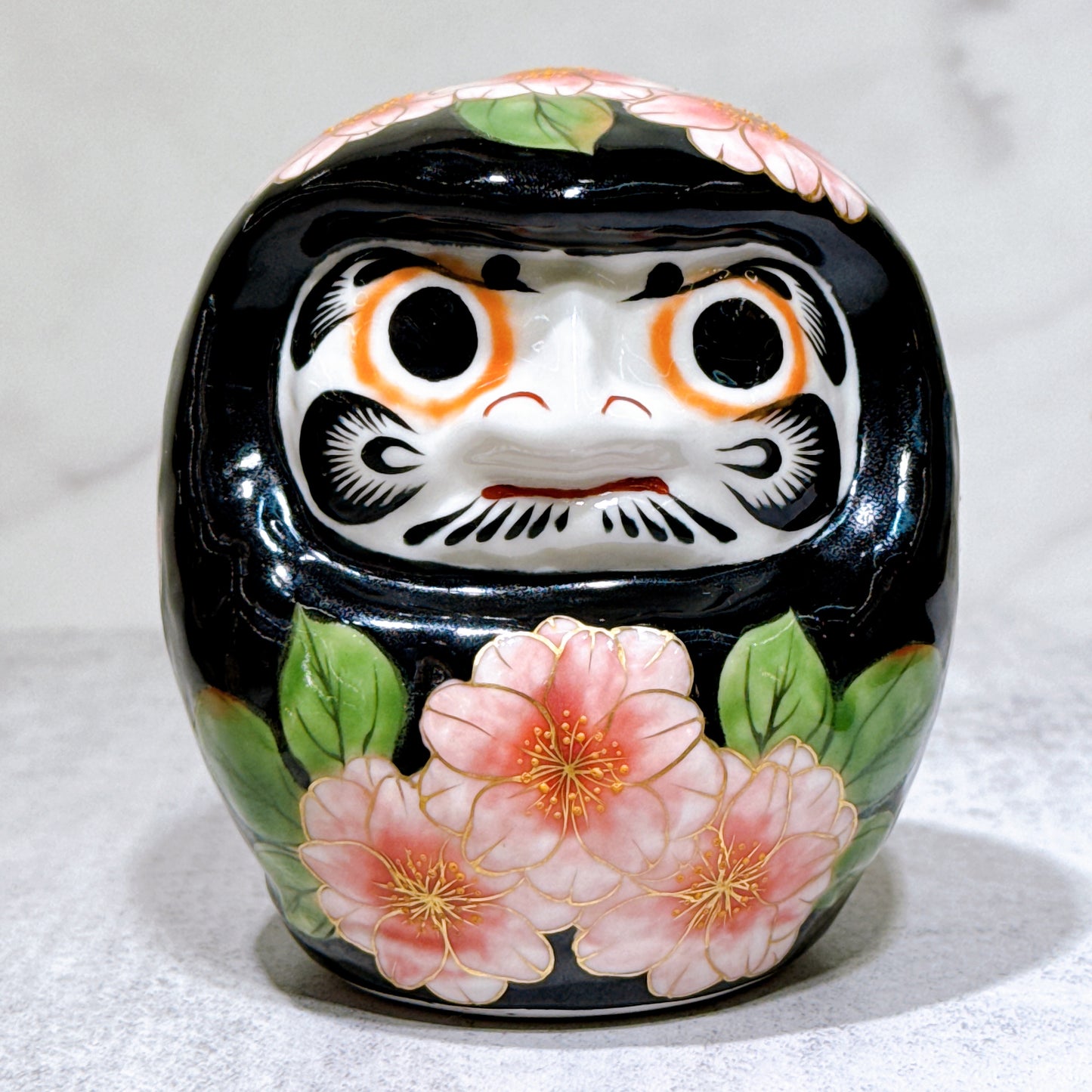 日本清水燒達摩 色繪 黑地八重櫻 小號