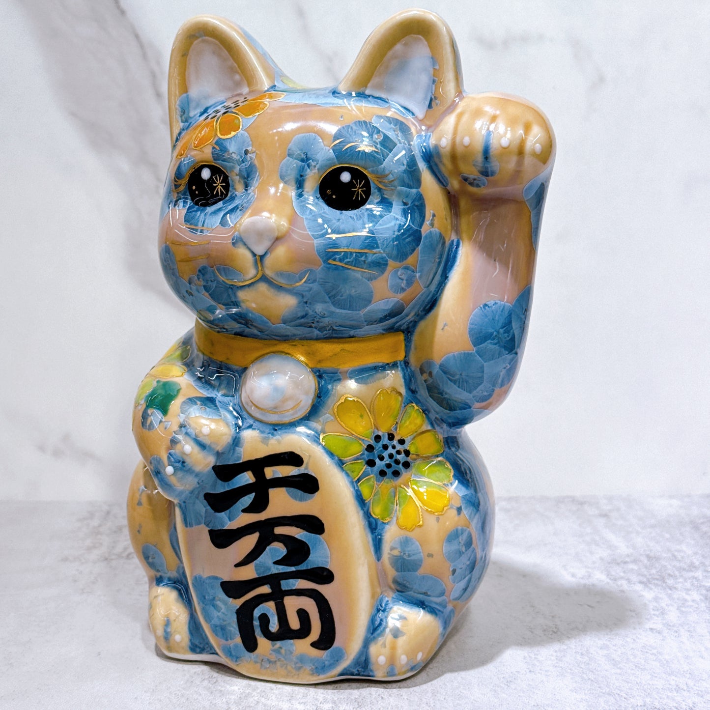 日本清水燒招財貓 花結晶 灰青 億万両 体花 特大 左