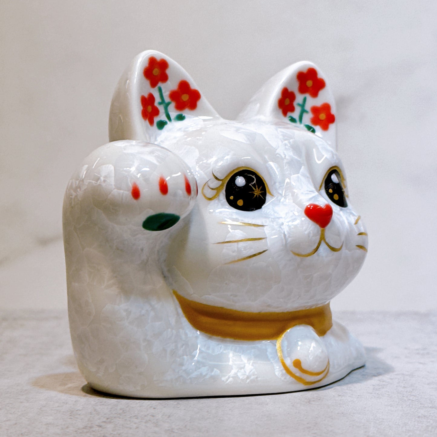 日本清水燒招財貓 貓半身 花結晶 白