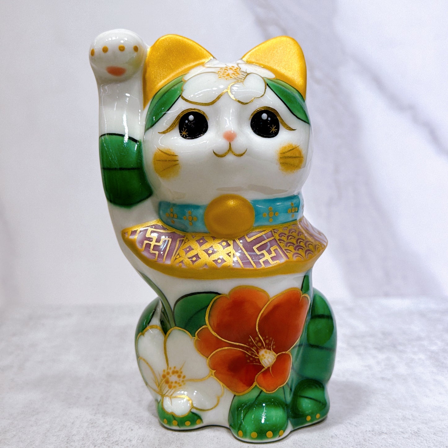 日本清水燒招財貓 色繪 白地 椿花