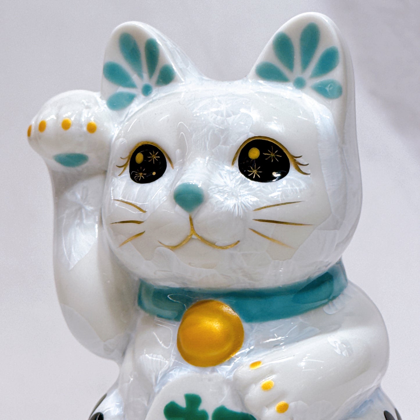 日本清水燒招財貓 花結晶 青白 体花 招福 右