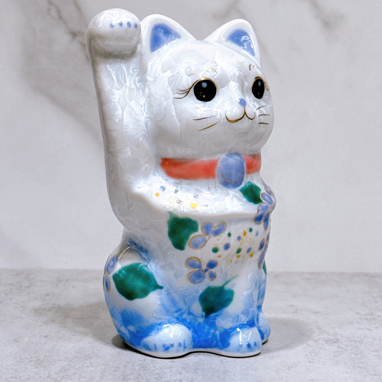 日本清水燒招財貓 花結晶 青白 体花