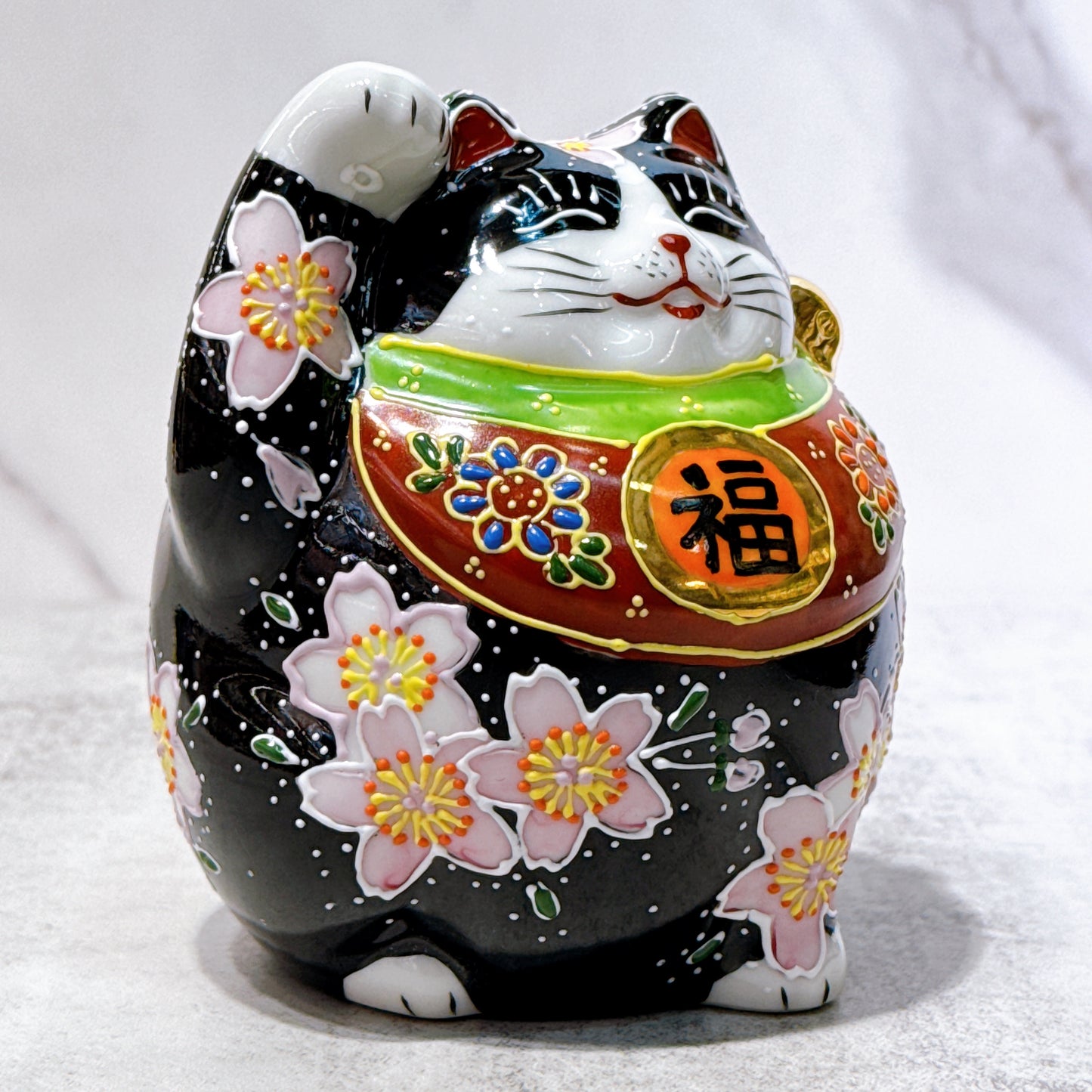 日本九谷燒招財貓 黑櫻盛 4號