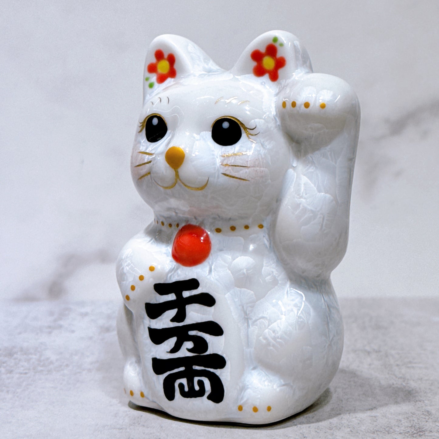 日本清水燒招財貓 花結晶 白 招福 左 特小