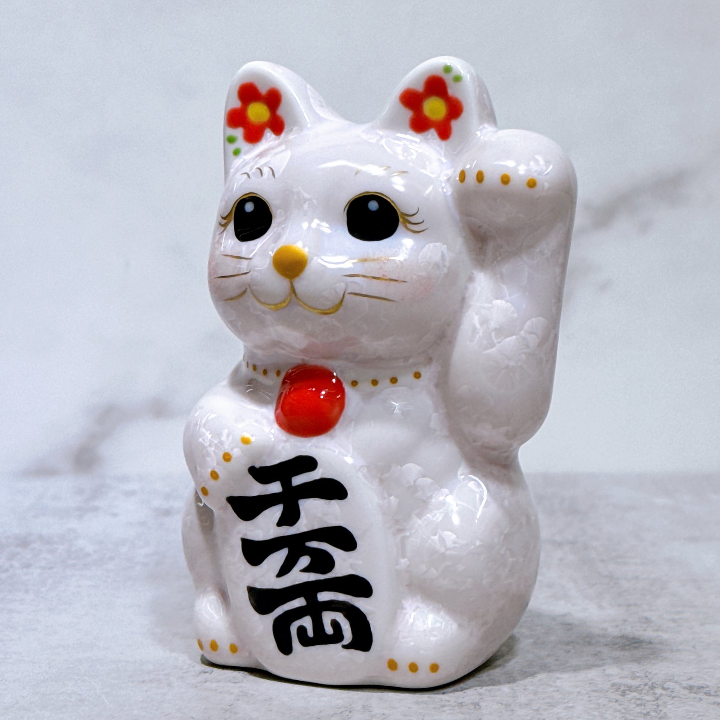 日本清水燒招財貓 花結晶 桃 左 特小