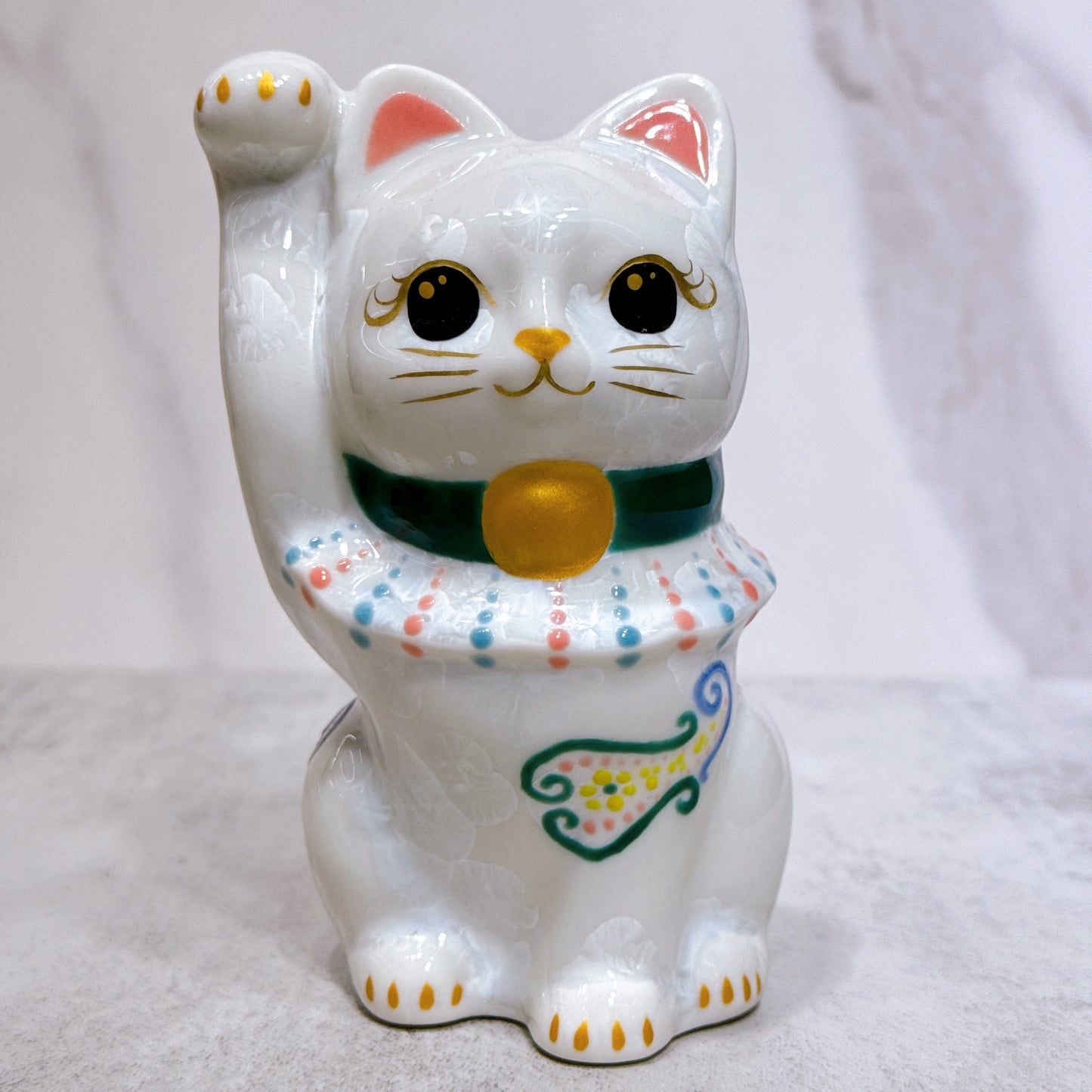 日本清水燒招財貓 花結晶 白 億万両