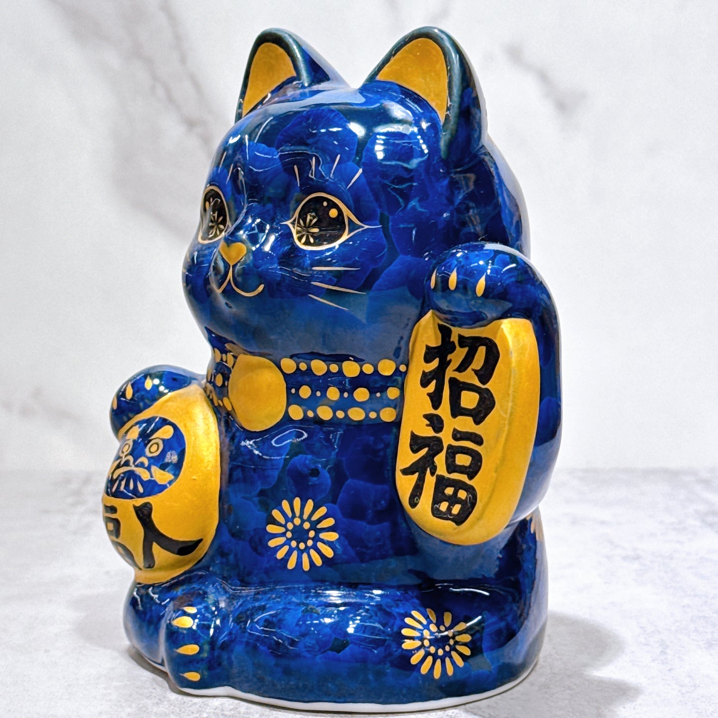日本清水燒招財貓 達摩 花結晶 青墨 招福