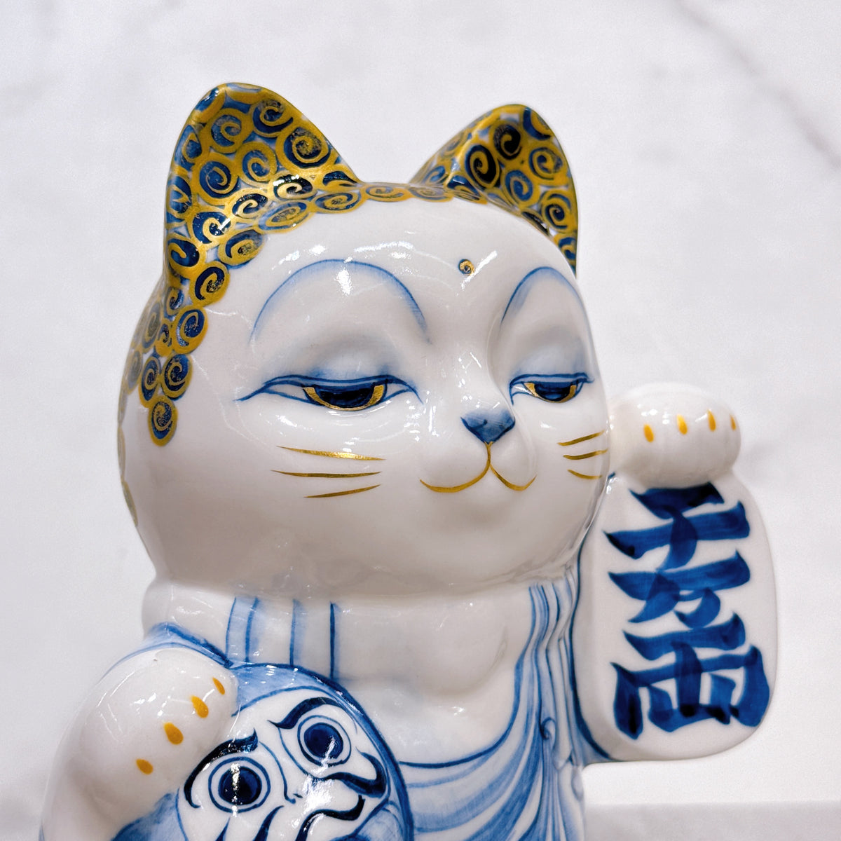 日本清水燒招財貓 達摩 染付 金彩 佛陀