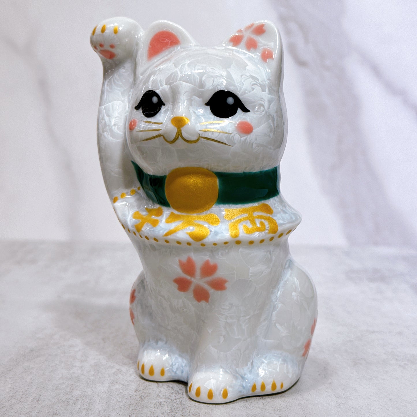 日本清水燒招財貓 花結晶 白 千万両
