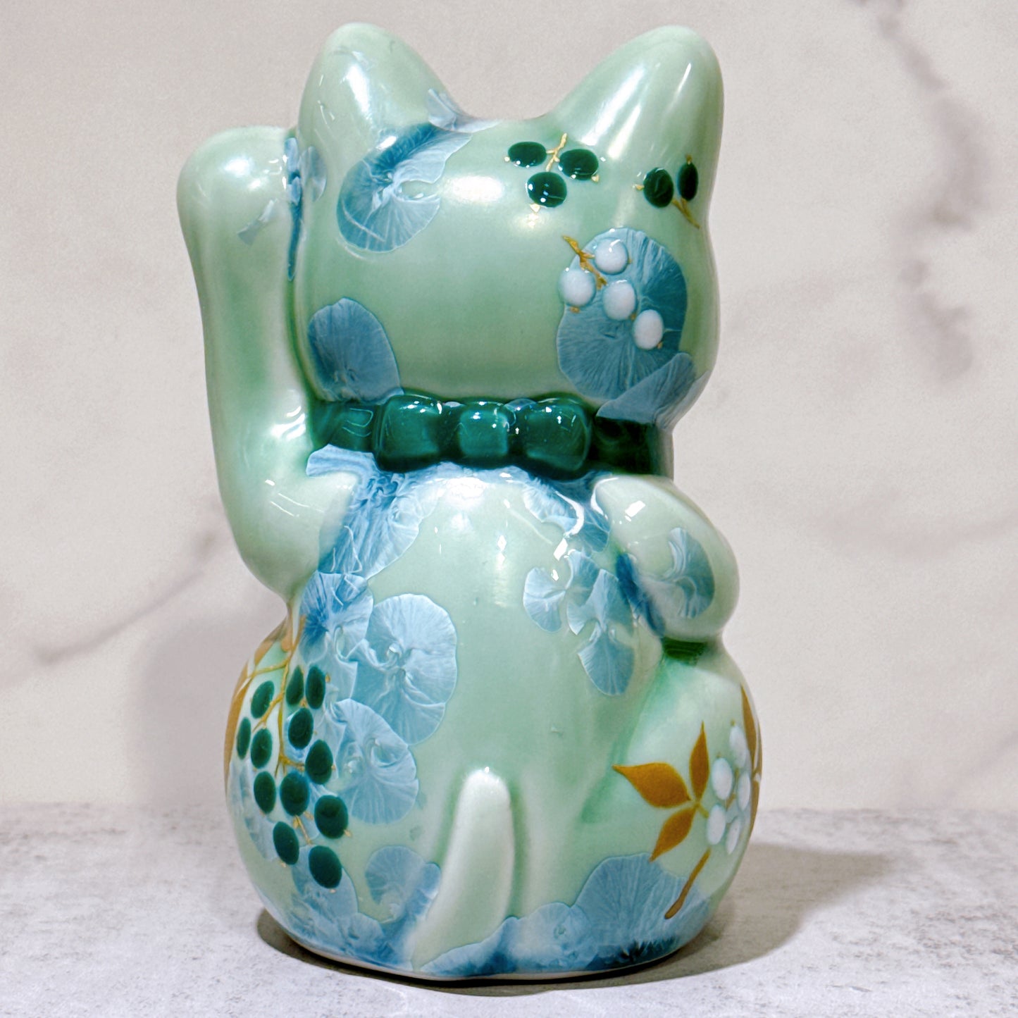 日本清水燒招財貓 花結晶 綠 千萬両 体花 左