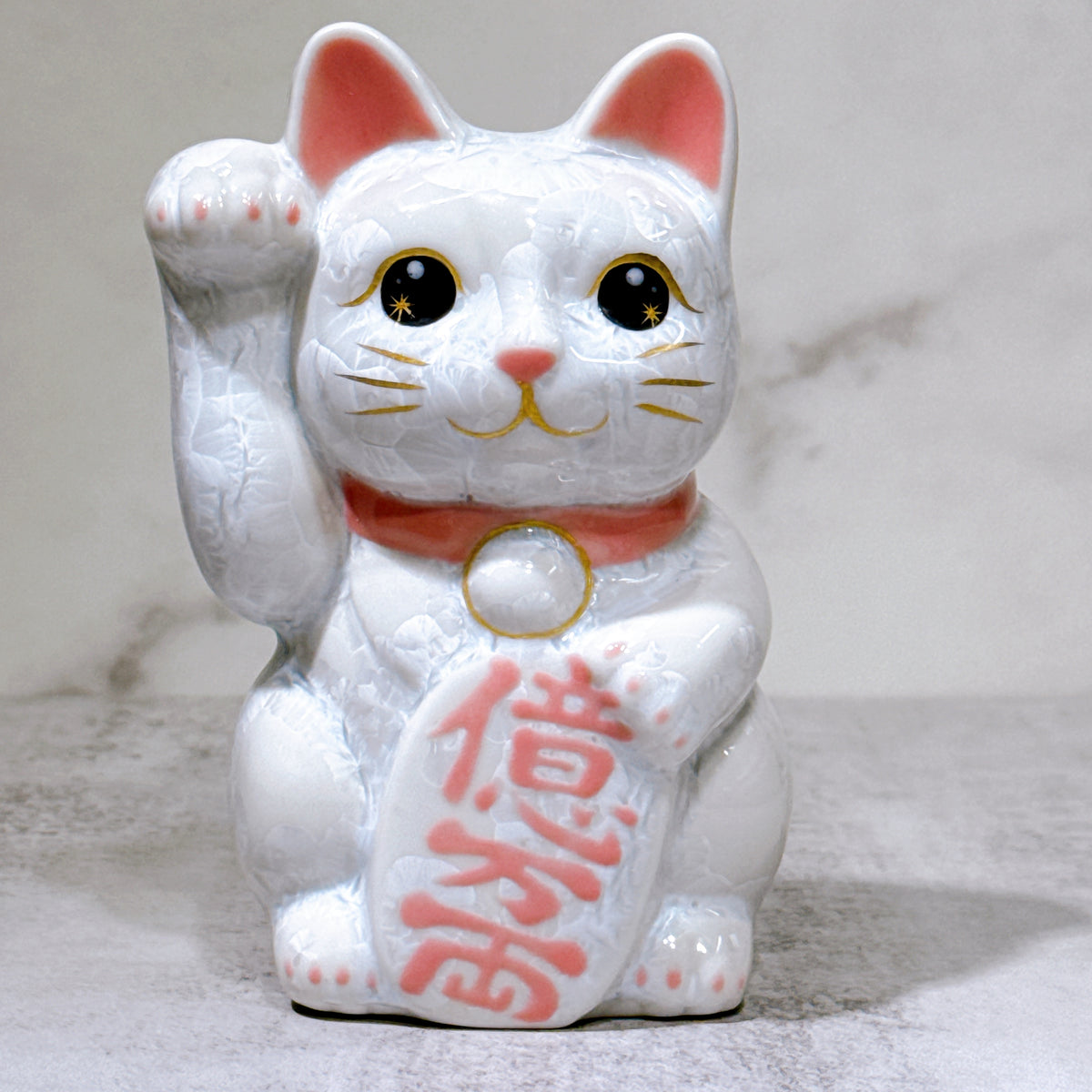 日本清水燒招財貓 花結晶 白 右