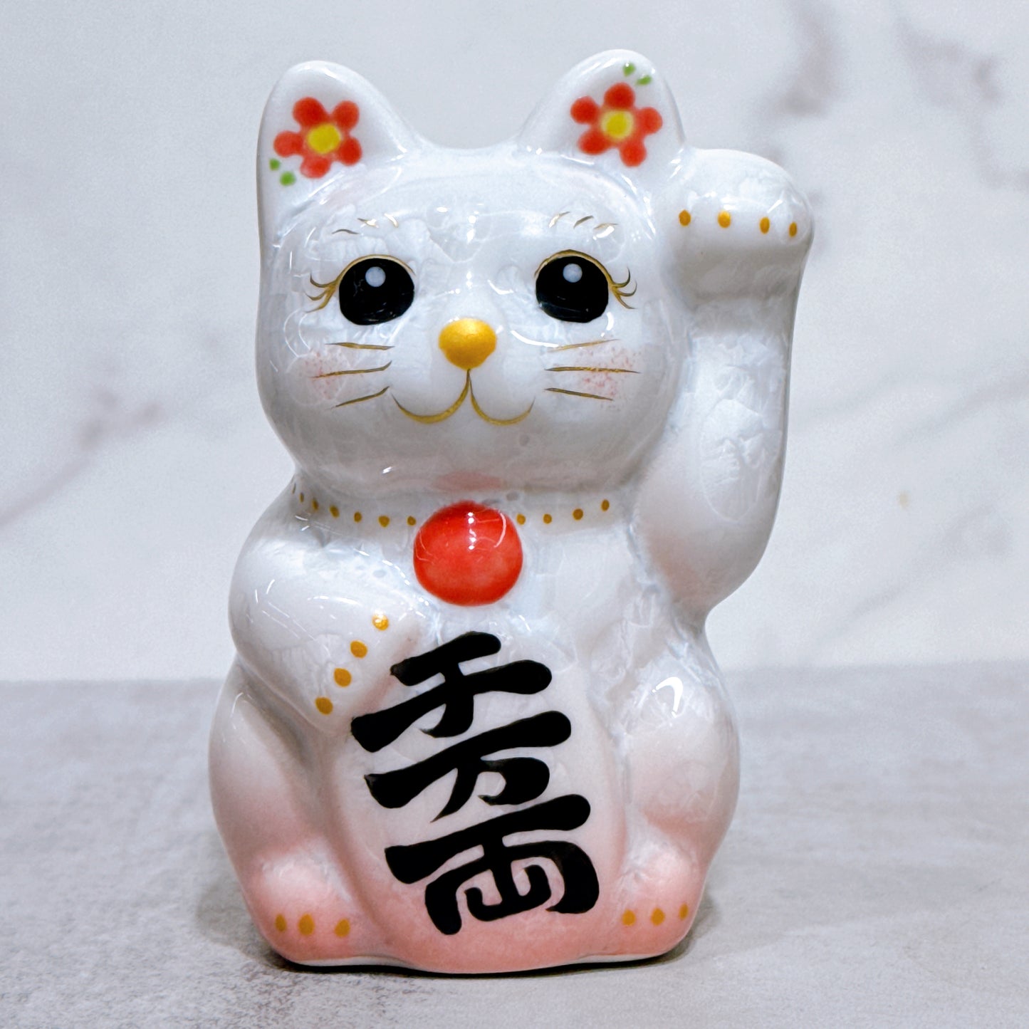 日本清水燒招財貓 花結晶 桃白 左 特小
