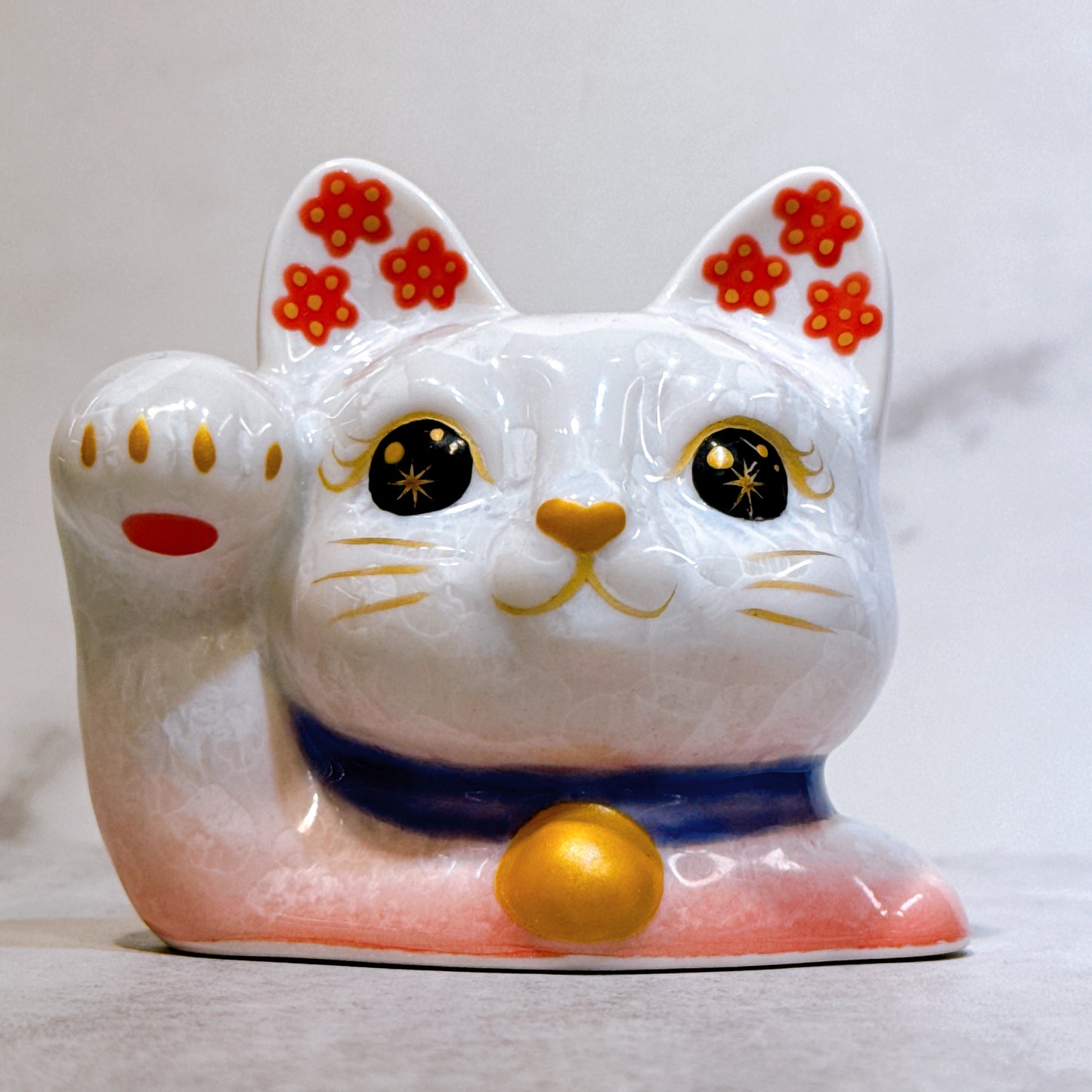 日本清水燒招財貓 貓半身 花結晶 桃白