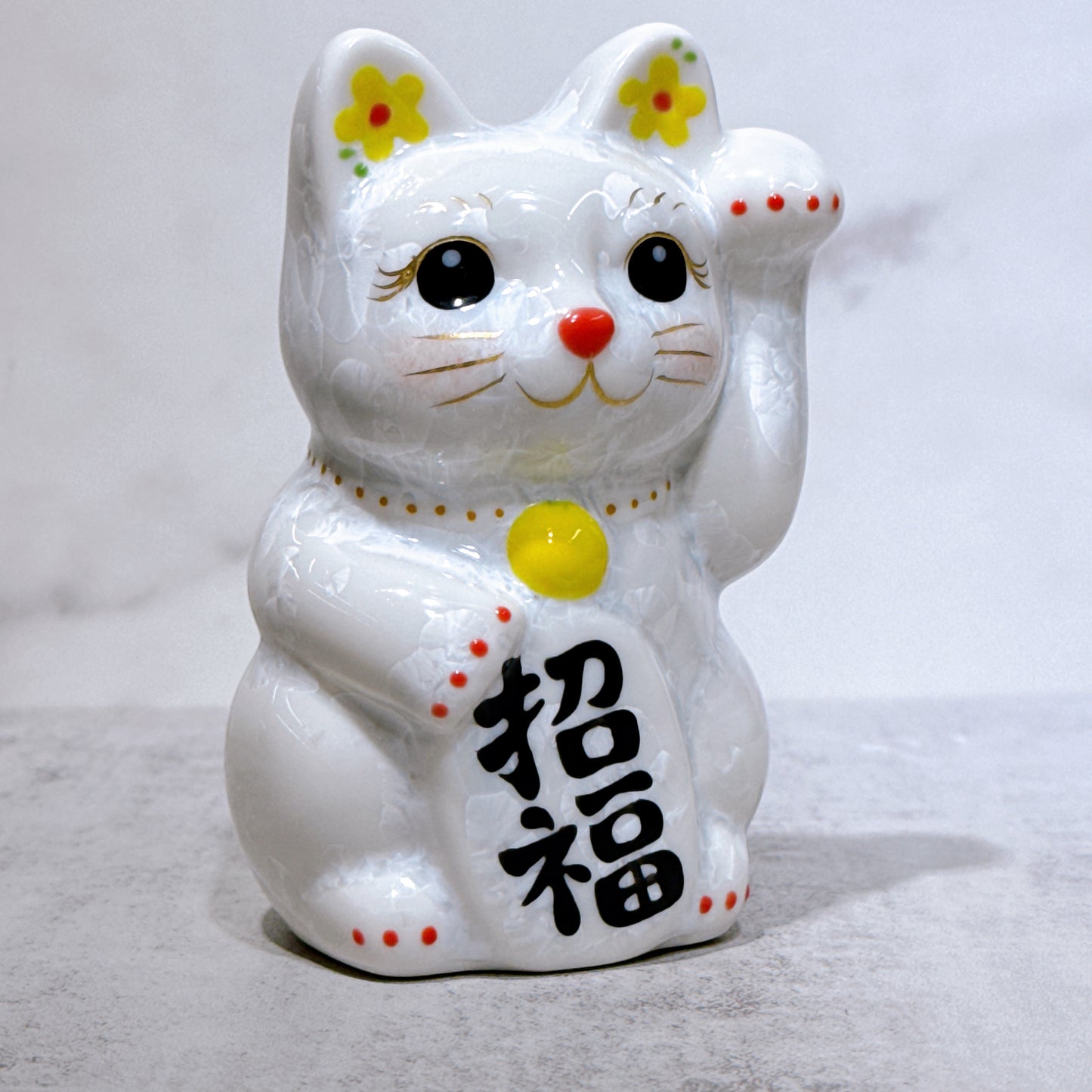 日本清水燒招財貓 花結晶 白 招福 左 特小