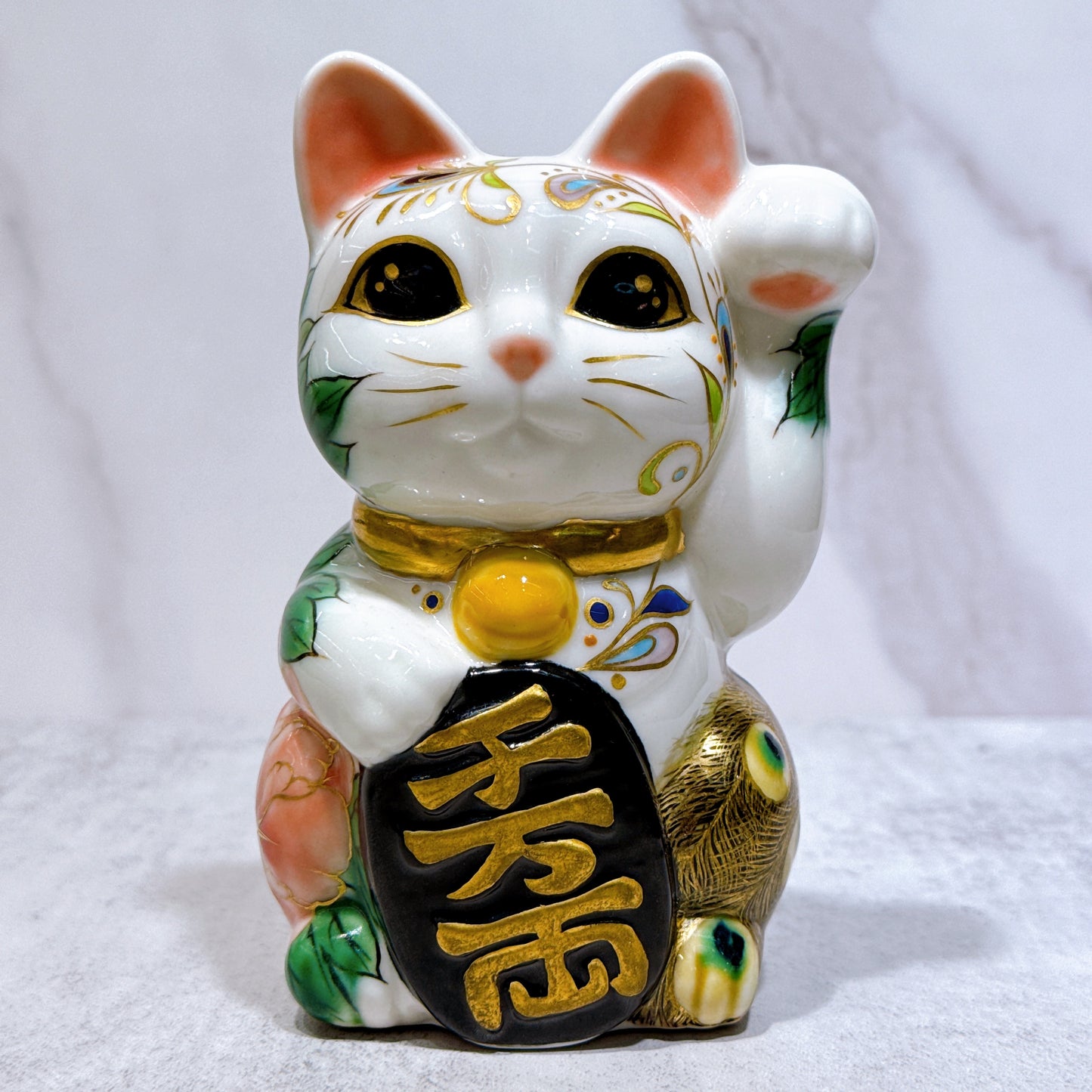 日本清水燒招財貓 色繪 孔雀牡丹圖