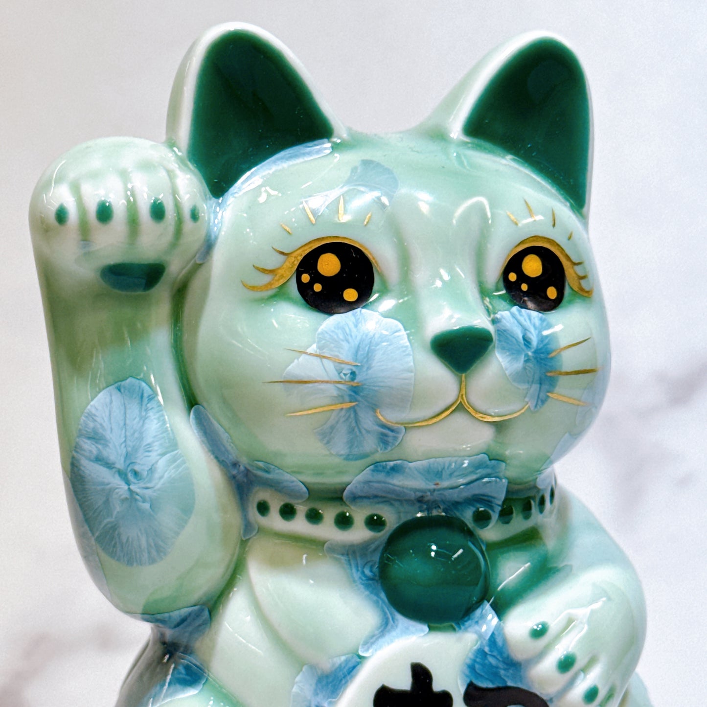 日本清水燒招財貓 花結晶 綠 招福 体花 右
