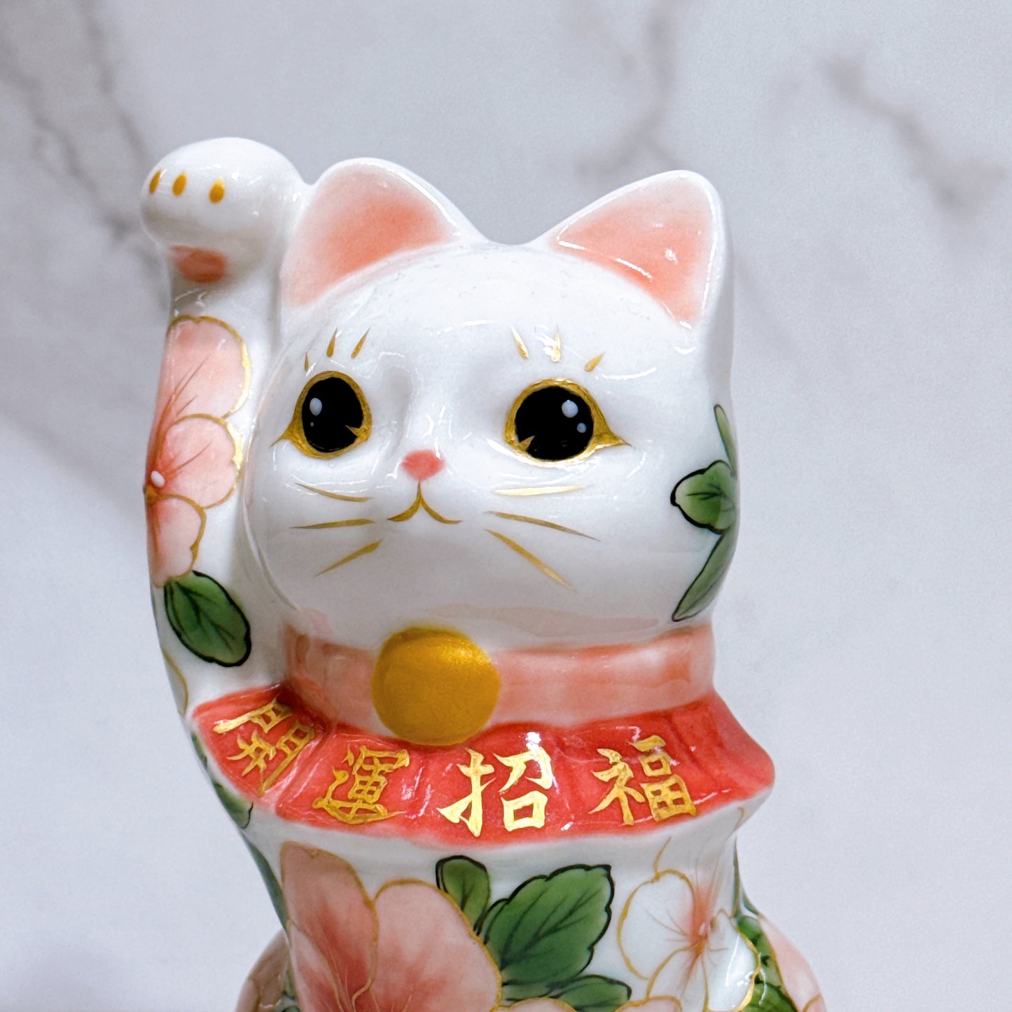 日本清水燒招財貓 色繪 橘三色堇