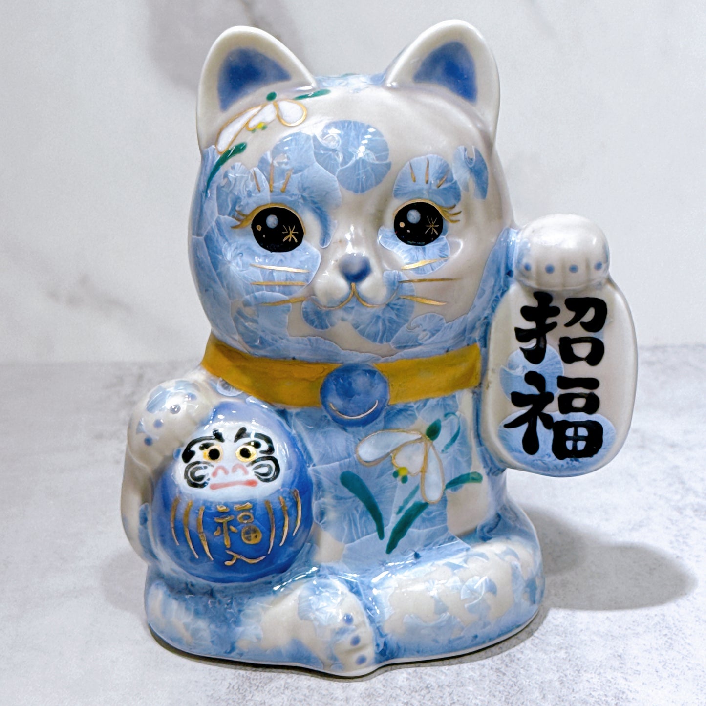 日本清水燒招財貓 達摩 花結晶 銀藤 招福