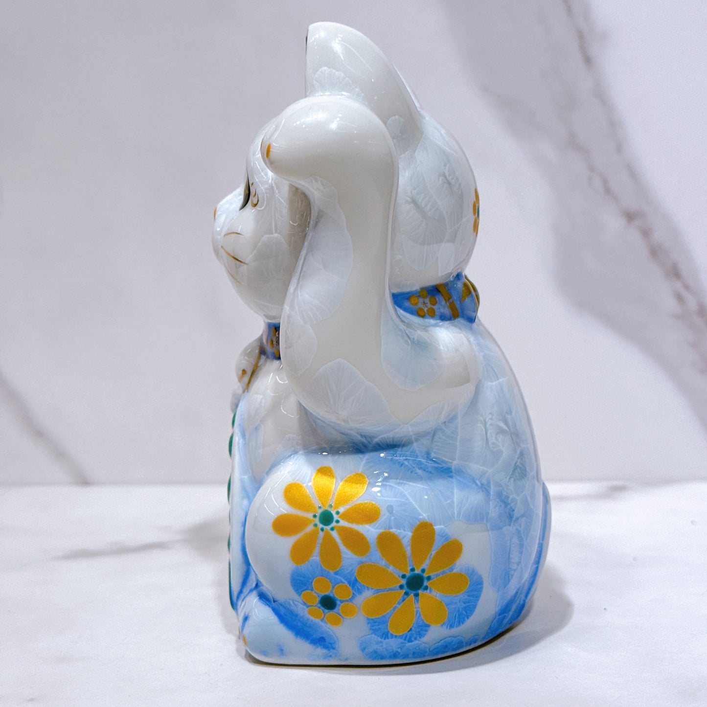 日本清水燒招財貓 花結晶 青白 体花 千万両 左