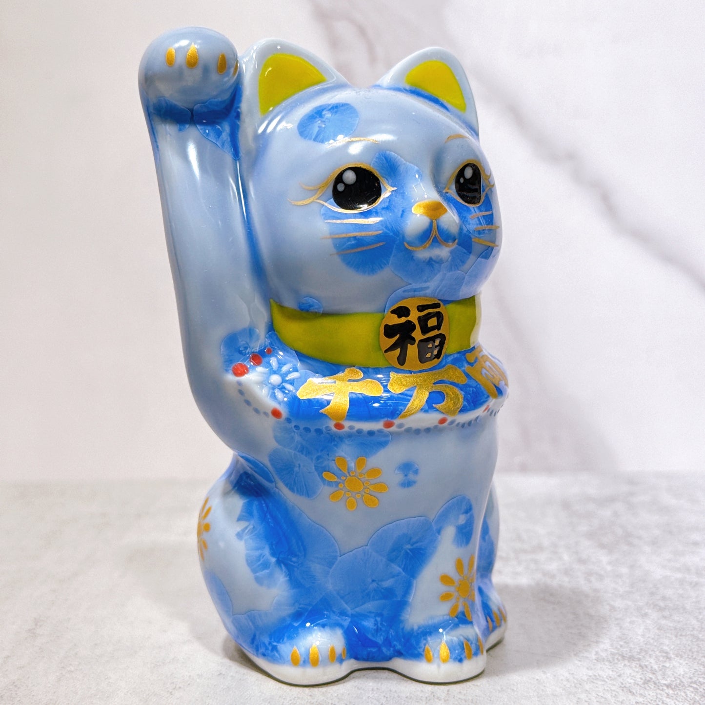 日本清水燒招財貓 花結晶 青 千万両