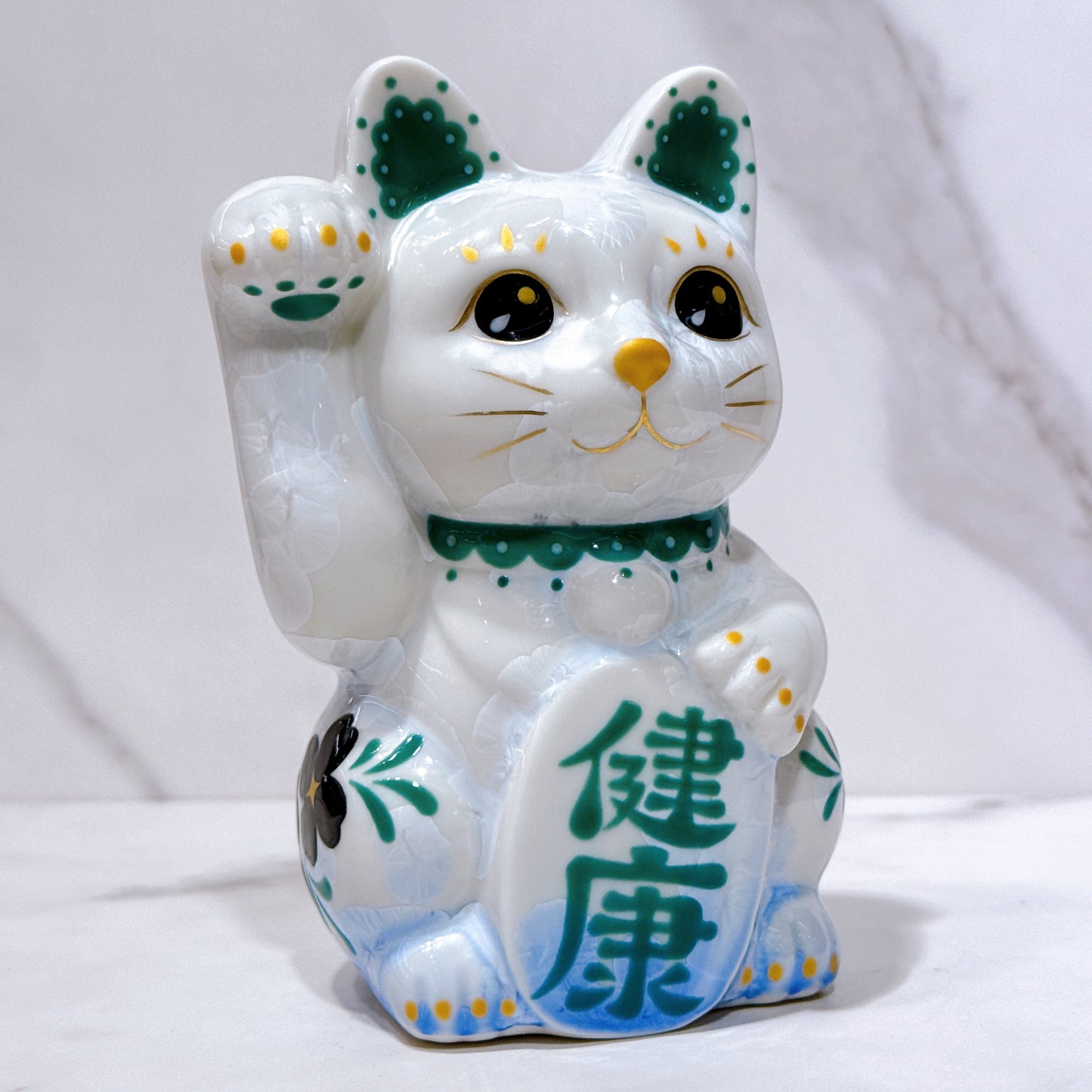 日本清水燒招財貓 花結晶 青白 体花 健康 右