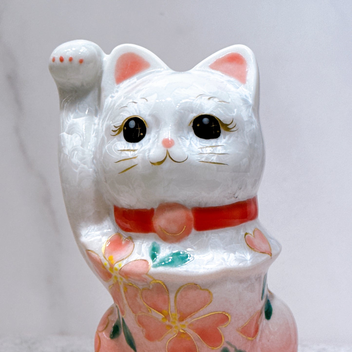 日本清水燒招財貓 花結晶 桃白 体花