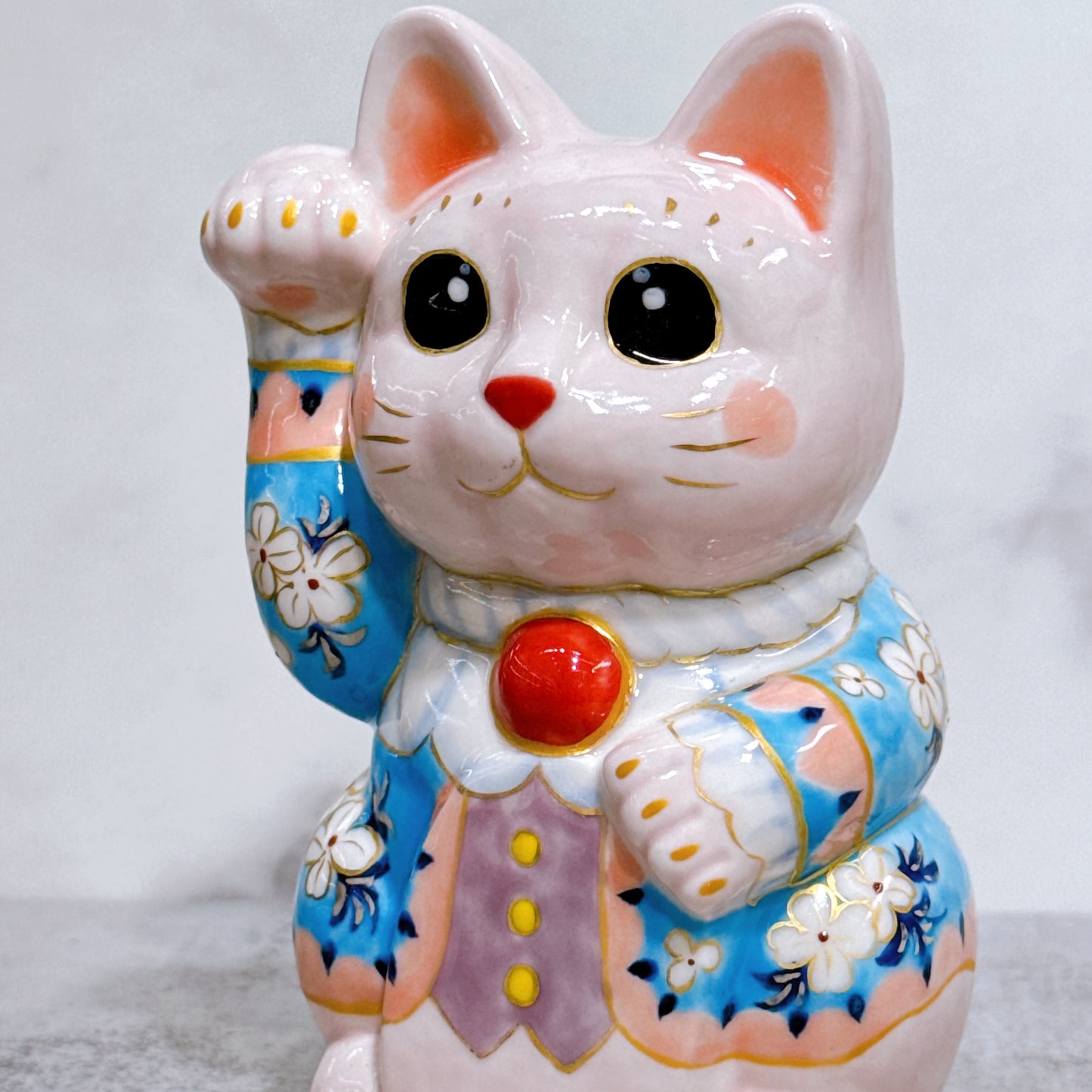 日本清水燒招財貓 色繪 籃貓福櫻