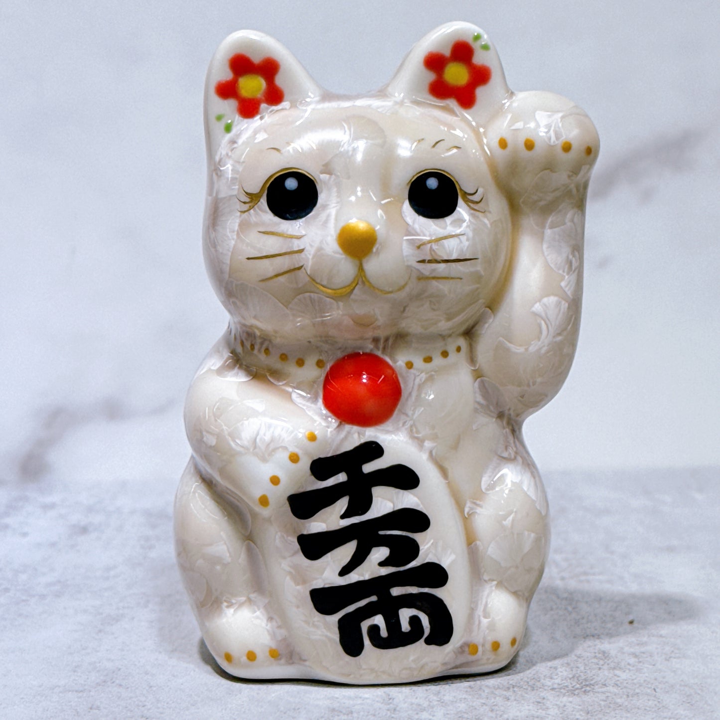 日本清水燒招財貓 花結晶 杏 左 特小