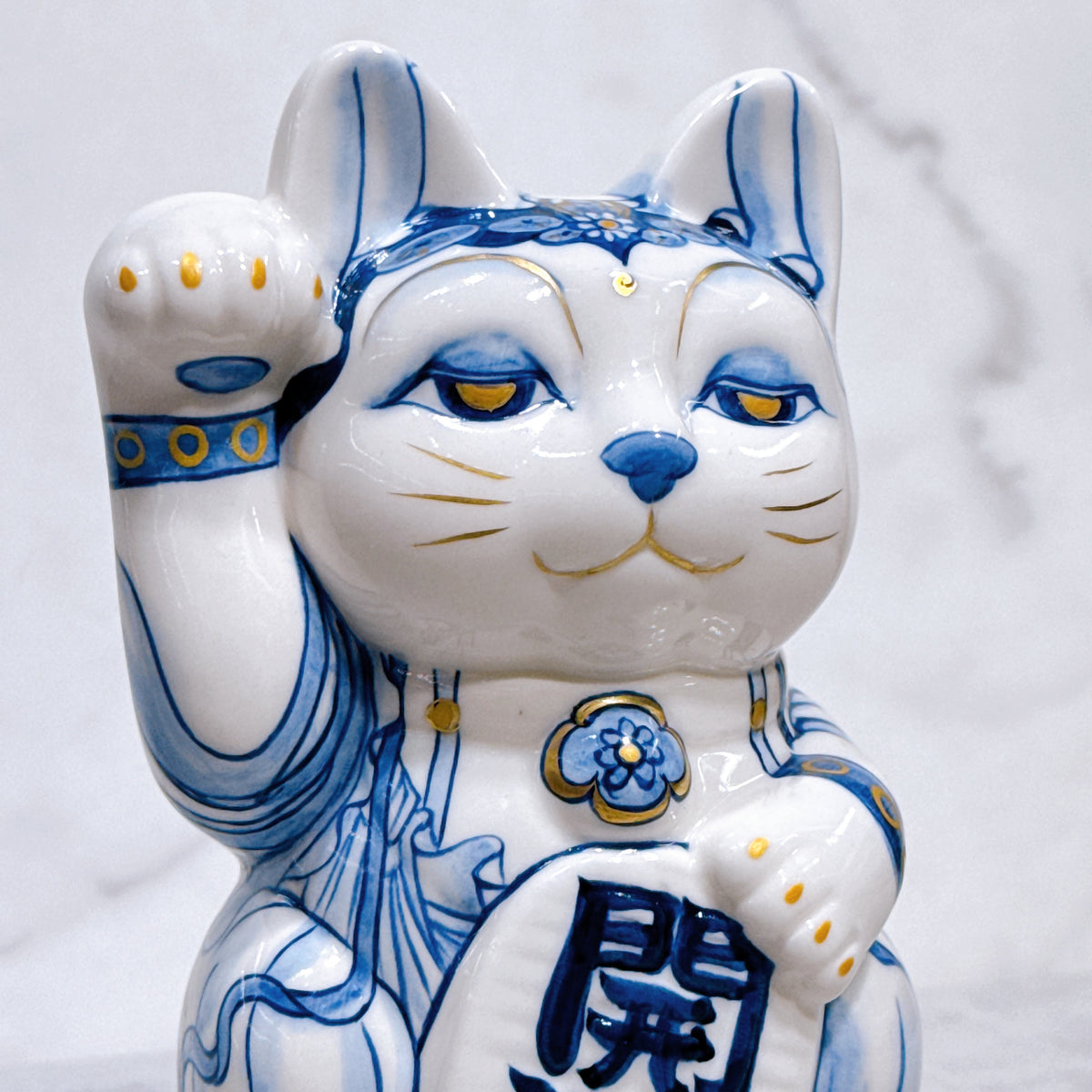 日本清水燒招財貓 染付 觀音 金彩