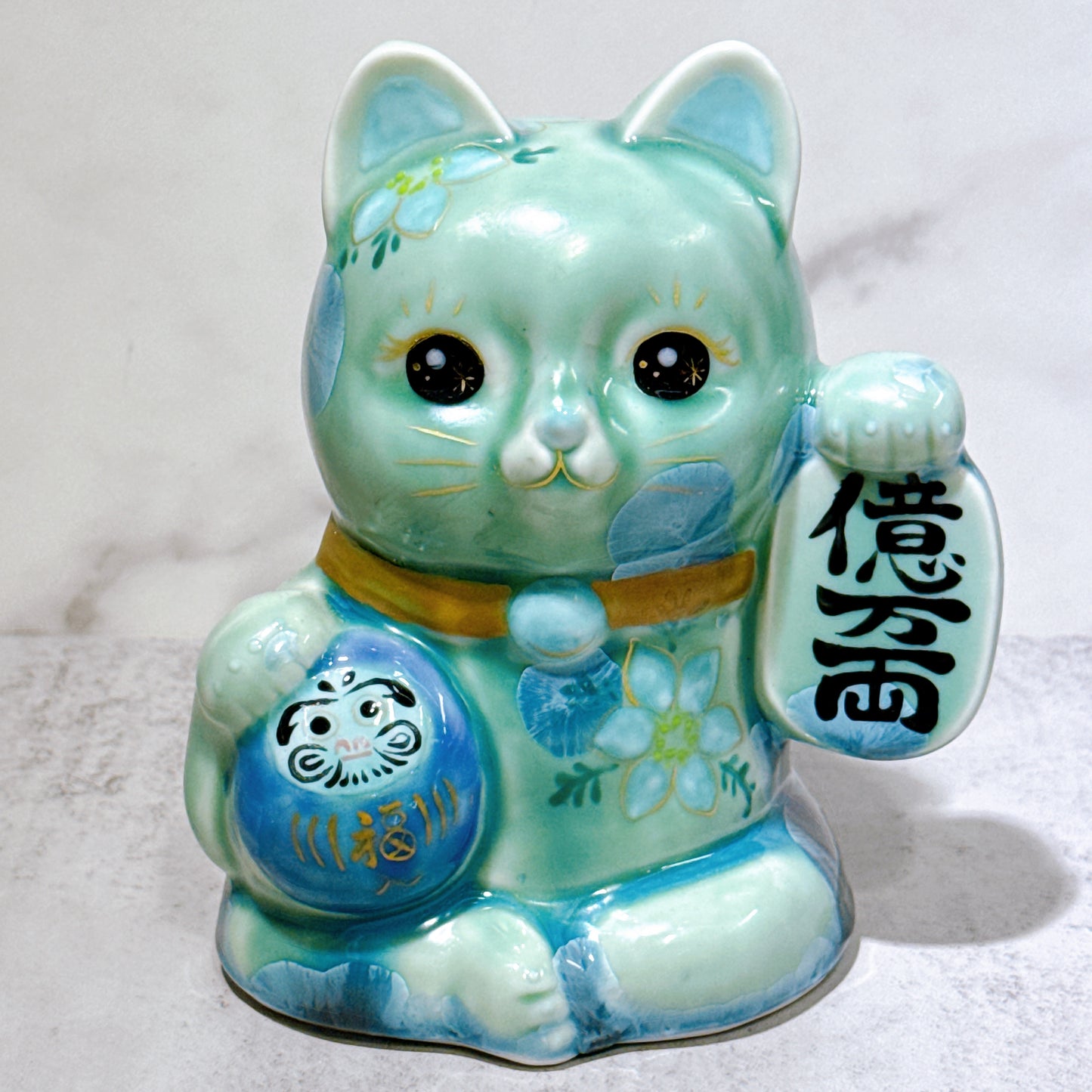 日本清水燒招財貓 達摩 花結晶 綠 億万両