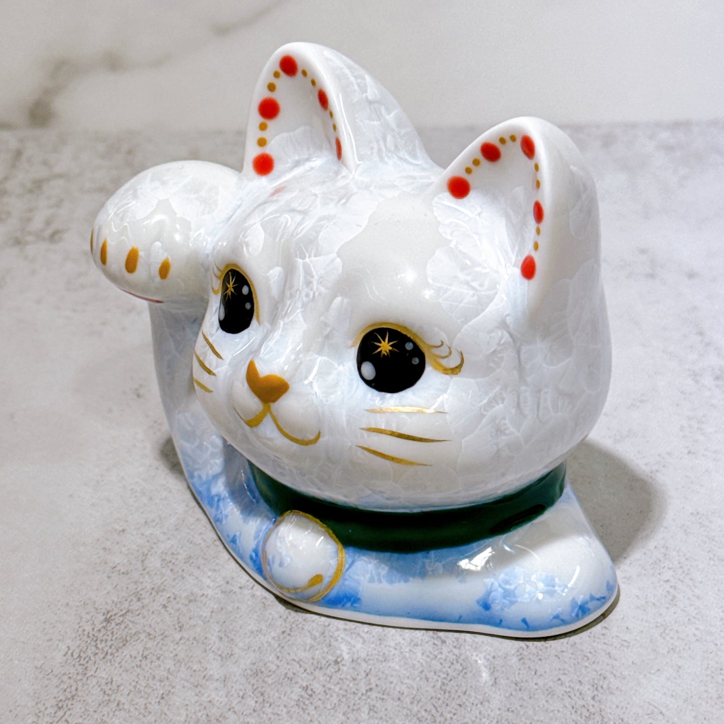 日本清水燒招財貓 貓半身 花結晶 青白