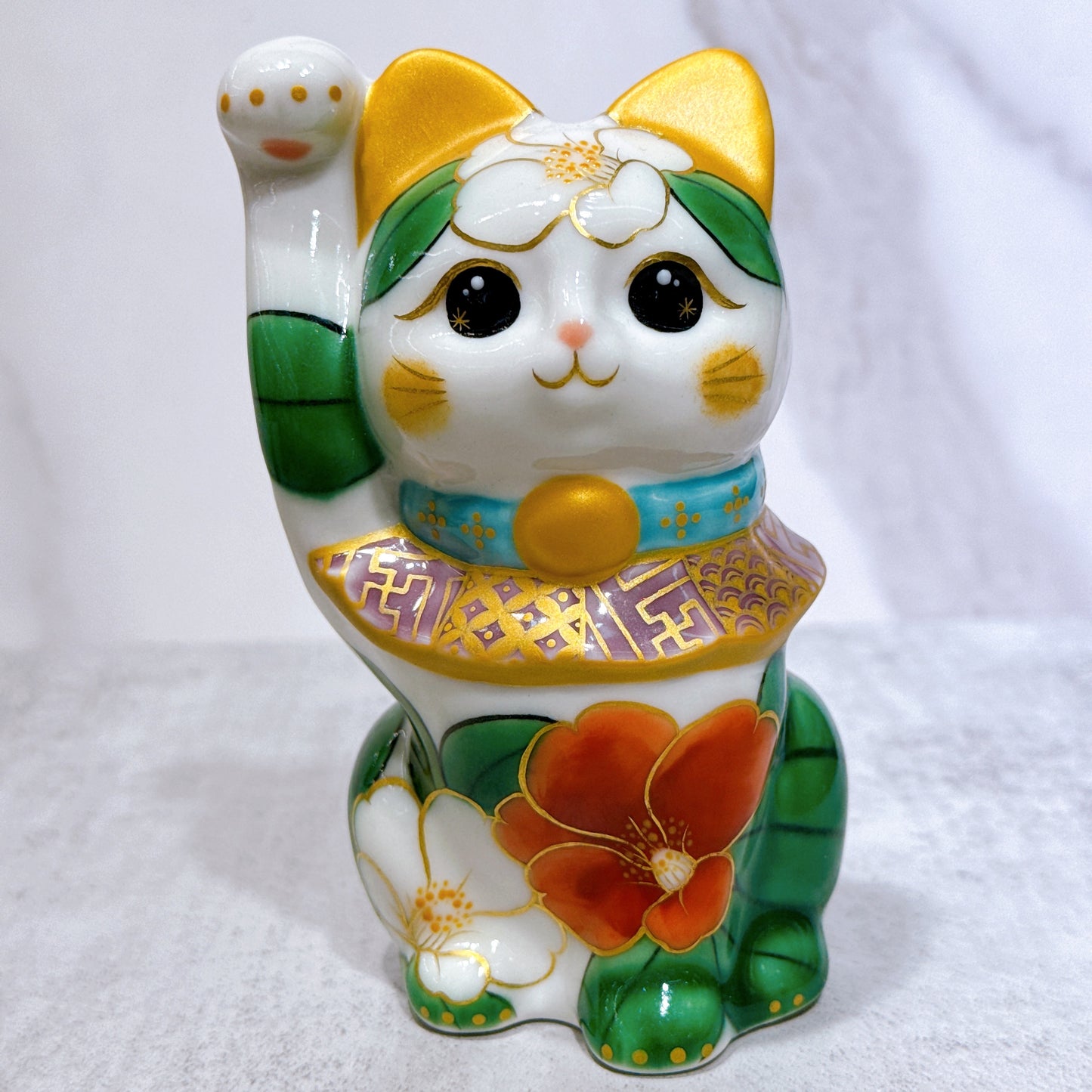日本清水燒招財貓 色繪 白地 椿花