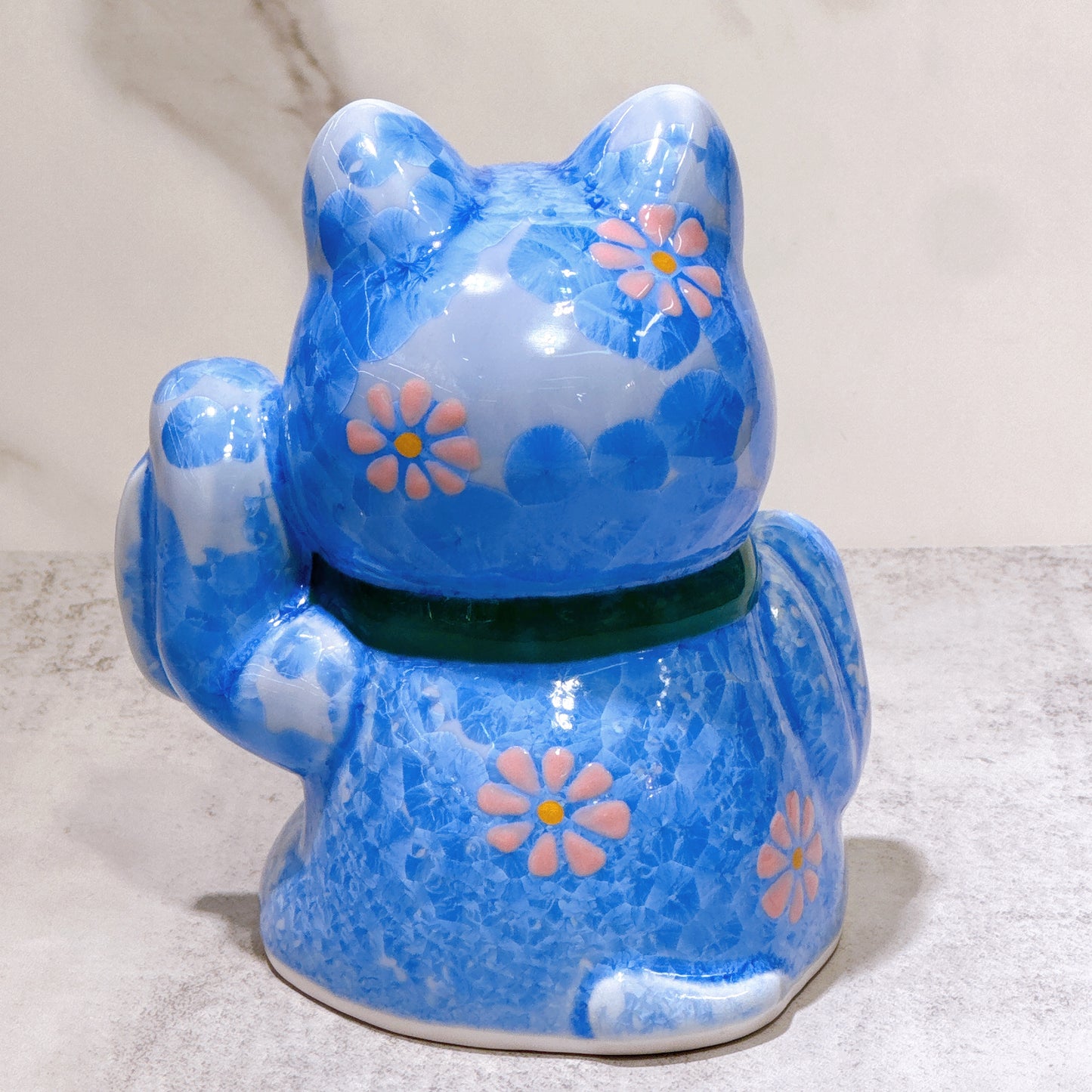 日本清水燒招財貓 達摩 花結晶 青 招福