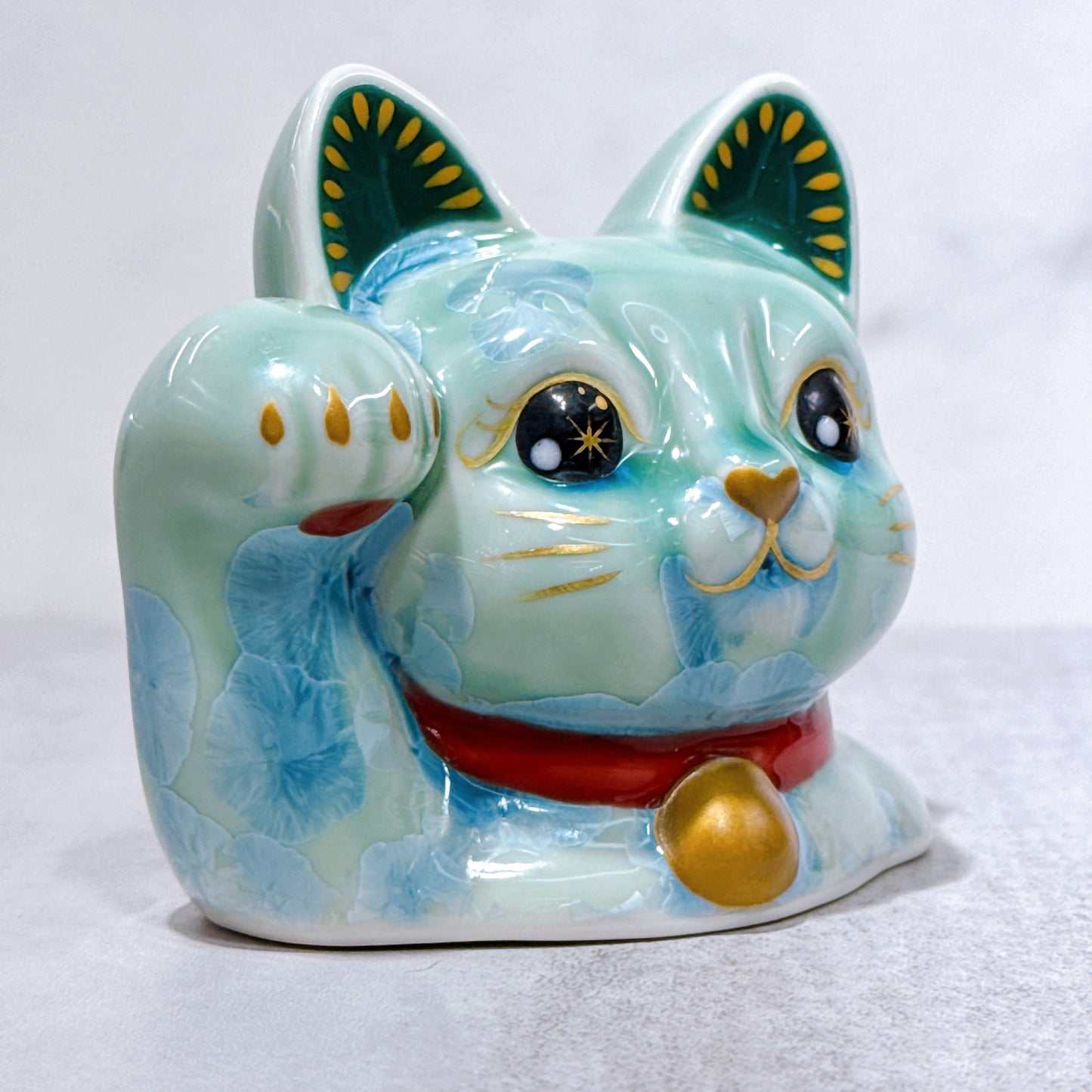 日本清水燒招財貓 貓半身 花結晶 綠