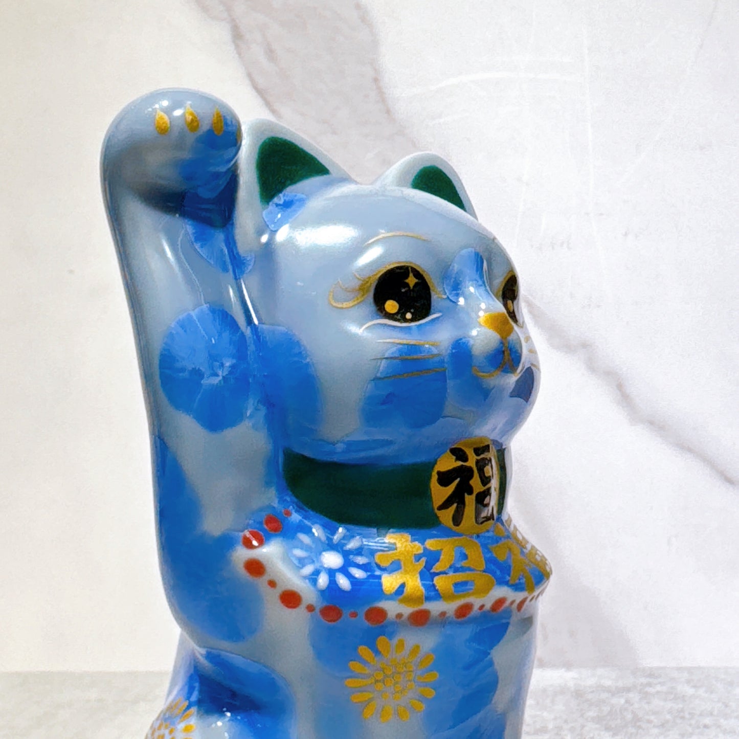 日本清水燒招財貓 花結晶 青 招福