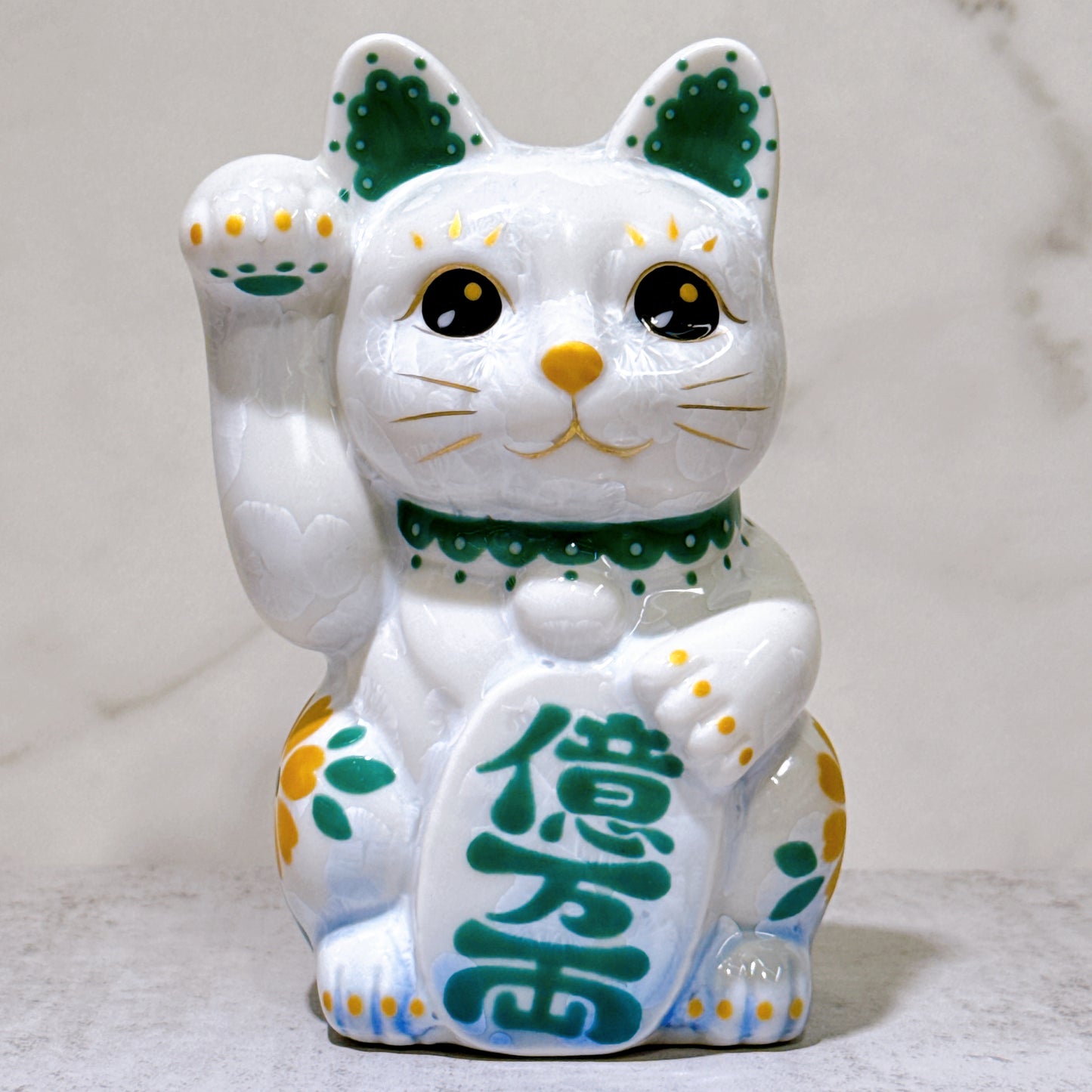 日本清水燒招財貓 花結晶 青白 億萬両 体花 右