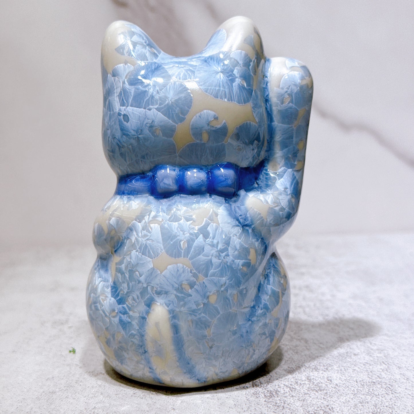 日本清水燒招財貓 花結晶 銀藤 金運 右 特小
