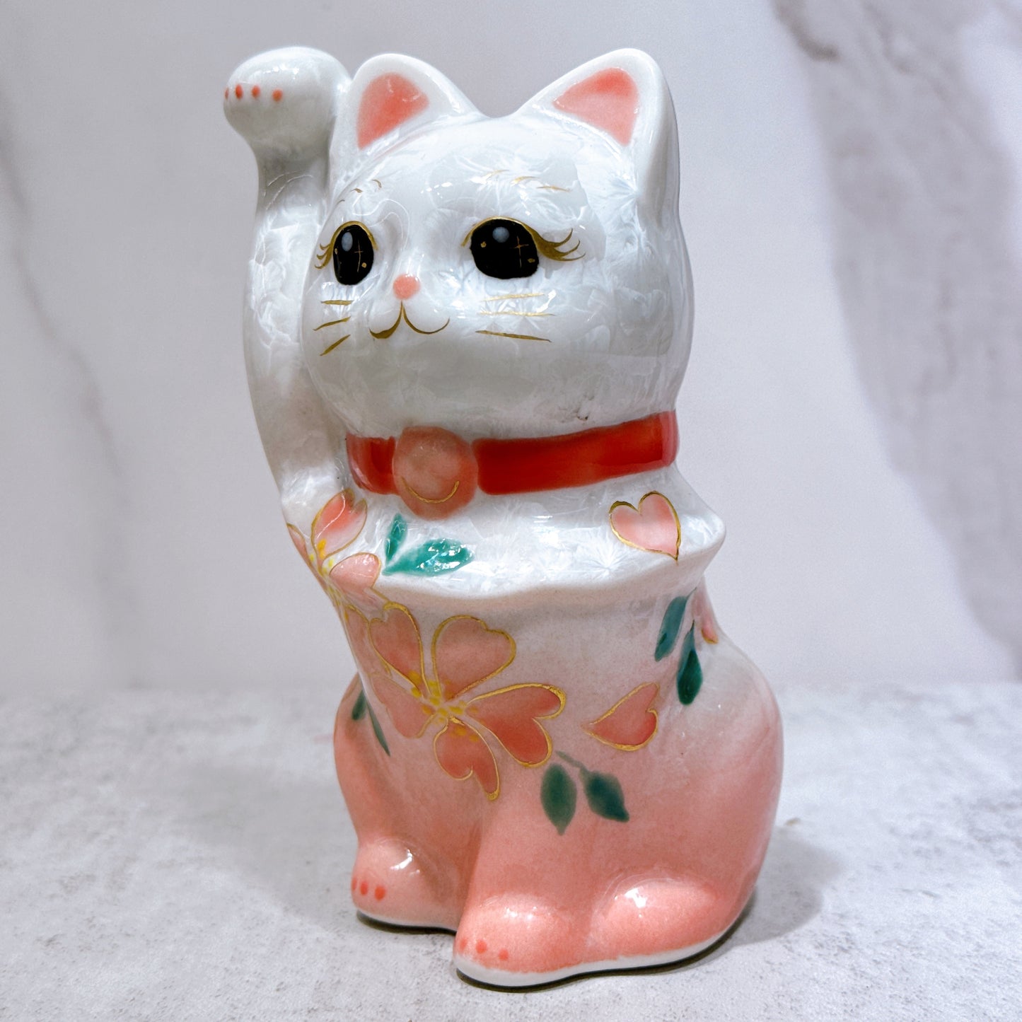 日本清水燒招財貓 花結晶 桃白 体花